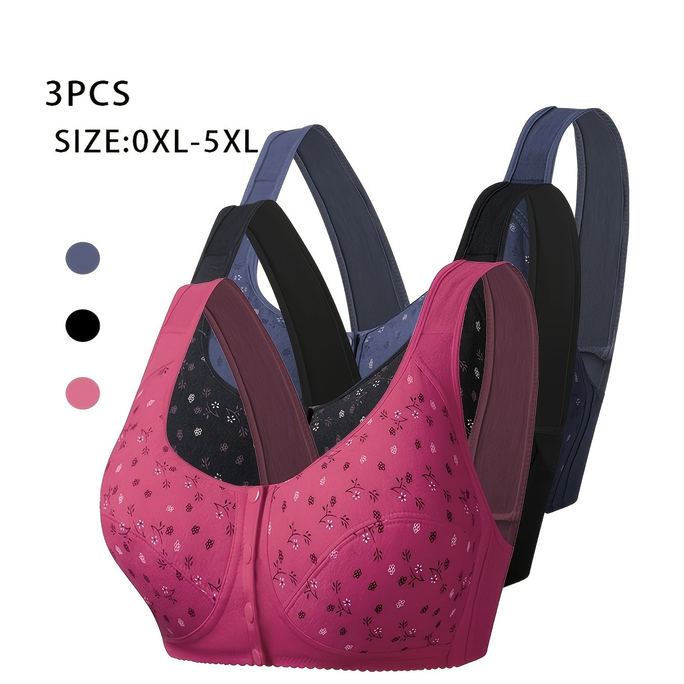 TEMU 3pcs 26ss Women's Plus Size Printed Bras, Front Closure Full Coverage, Wire-free And Padding-free, Skin-friendly Underwear, Elegant Shaping,