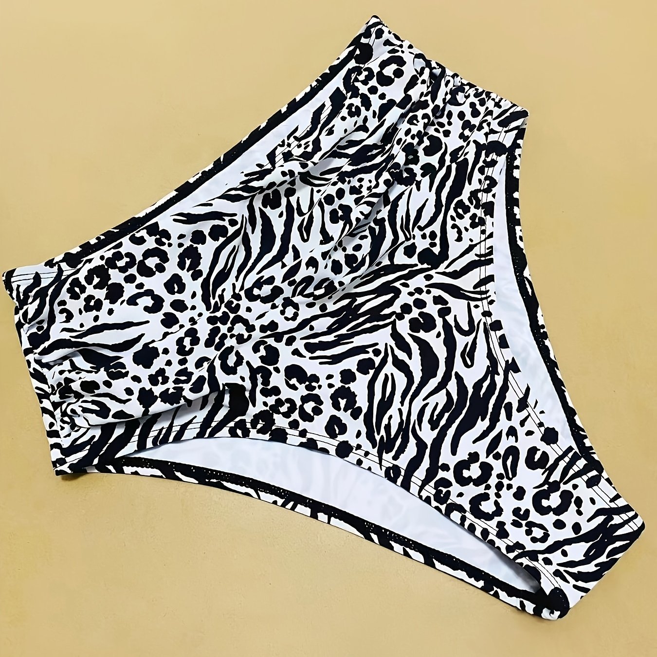 TEMU Black And White Contrast Color Leopard Print Zebra Stripe Swim Trunks, High-stretch Quick-dry Bikini Underwear