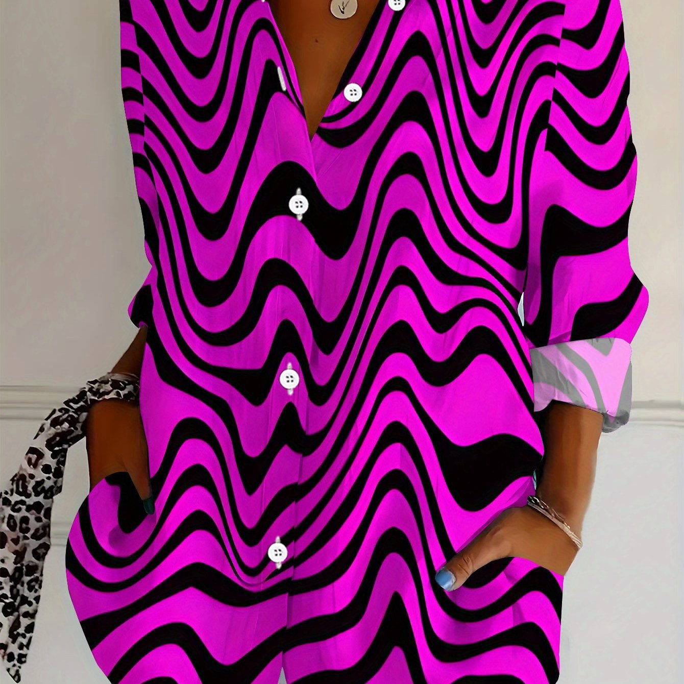 TEMU Plus Size Women's Long Sleeve Shirt, Wavy Texture Printed Shirt, Pattern Mid-length Women's Blouse, Rose Black Casual Shirt, Soft And