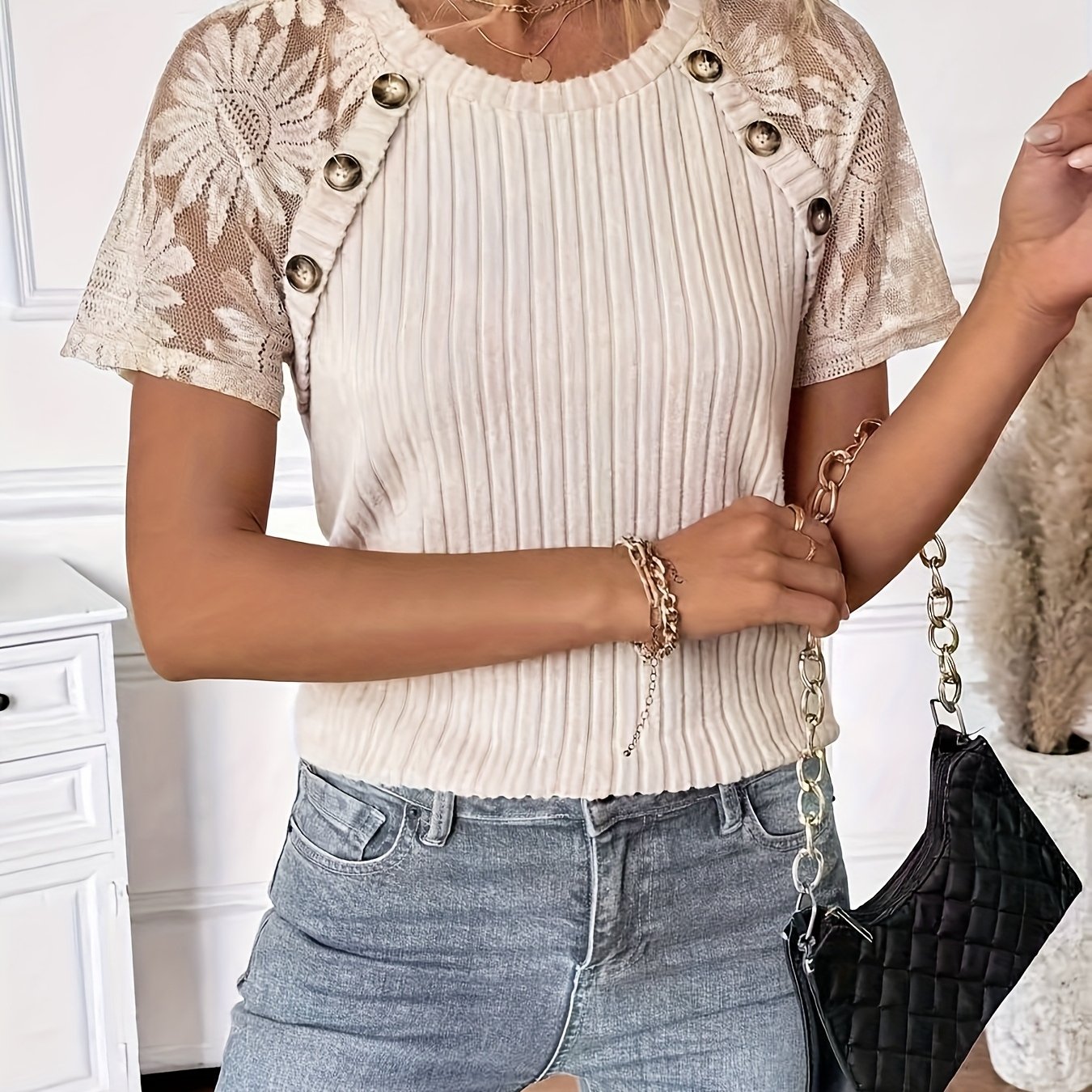 Pitted Strip Floral Lace Button Detail Off-shoulder Short Sleeve T-shirt