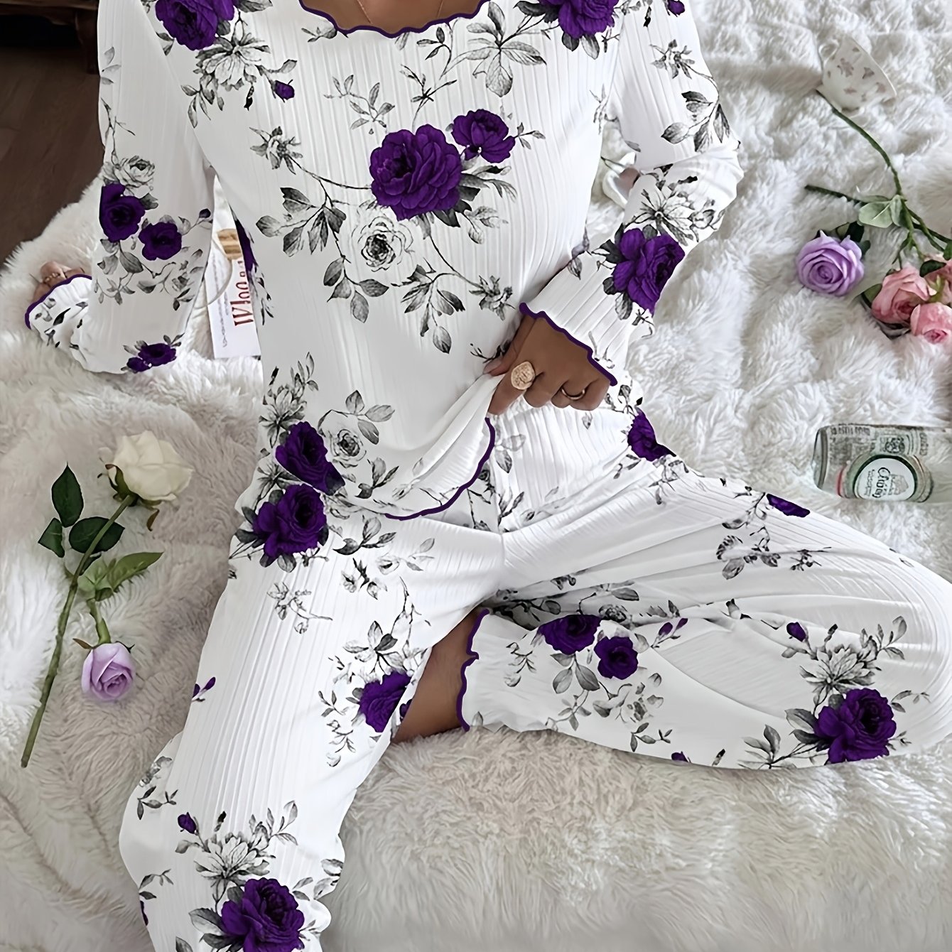 TEMU Fall Winter Warm Women' 2pcs Ribbed Pajama Set, Ins Trendy Crew Neck Long Sleeve Top With Floral Print, Waist Lounge Pants, Valentine' New Year