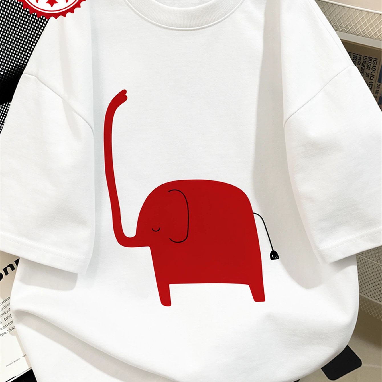 Image of Women's Summer Clothing, Casual Tops, Minimalist Style, Red Elephant, Long Nose, Minimalist Printed Round Neck Short Sleeve Drop Shoulder Oversized T-shirt [long Sleeve]