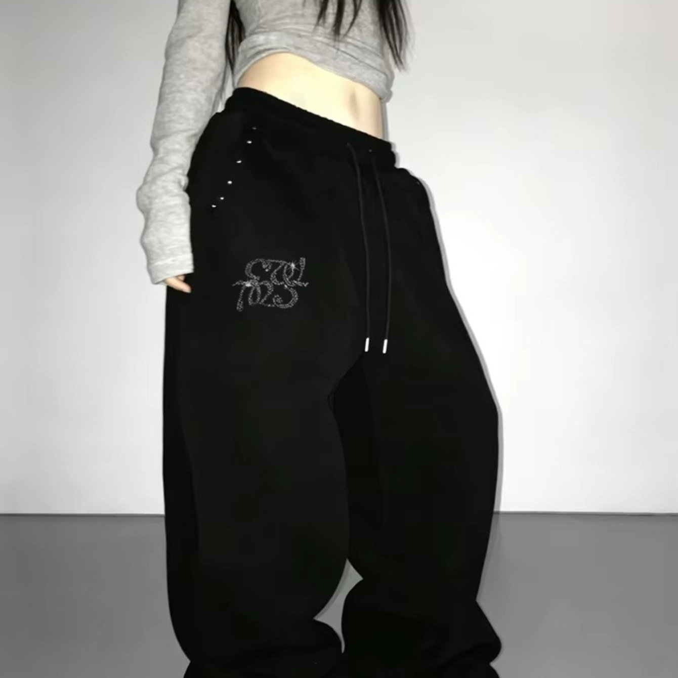 TEMU Women's Y2k Rhinestone Jogger Pants With Elastic Waist & Pocket - Straight Leg Loose Fit Wide Trousers, Machine Washable Non- Suitable For -