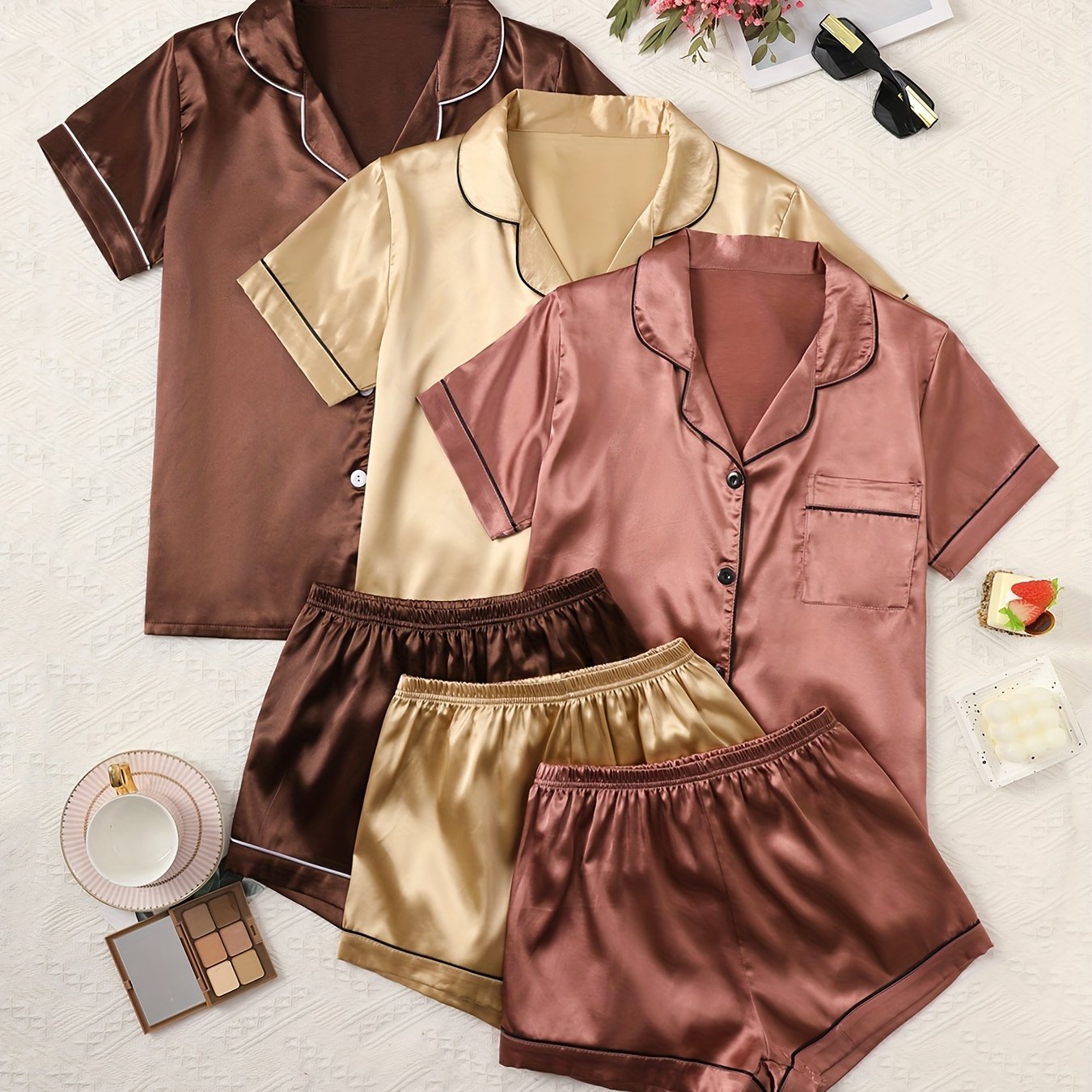 TEMU Spring And Summer Women' Color Satin Collar With Piping Multi-piece Set (3pcs Short Sleeve Button Pipping Top And 3pcs Elastic Waist Shorts)