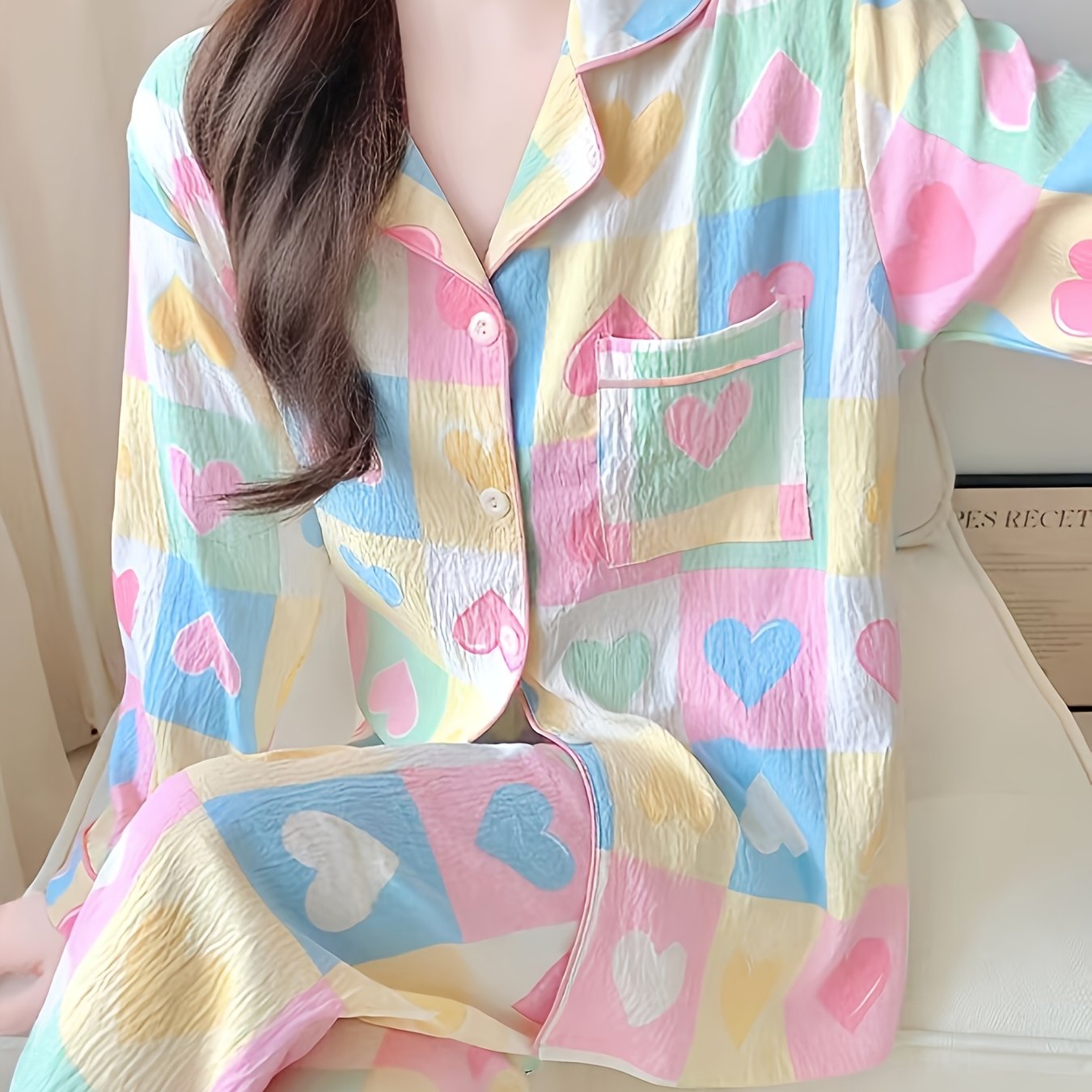 TEMU French Romantic Sweet Heart Print Elegant Women's Pajamas Japanese Korean Harajuku Ins Gentle Fashion Casual Sleepwear 2025 Spring Autumn New