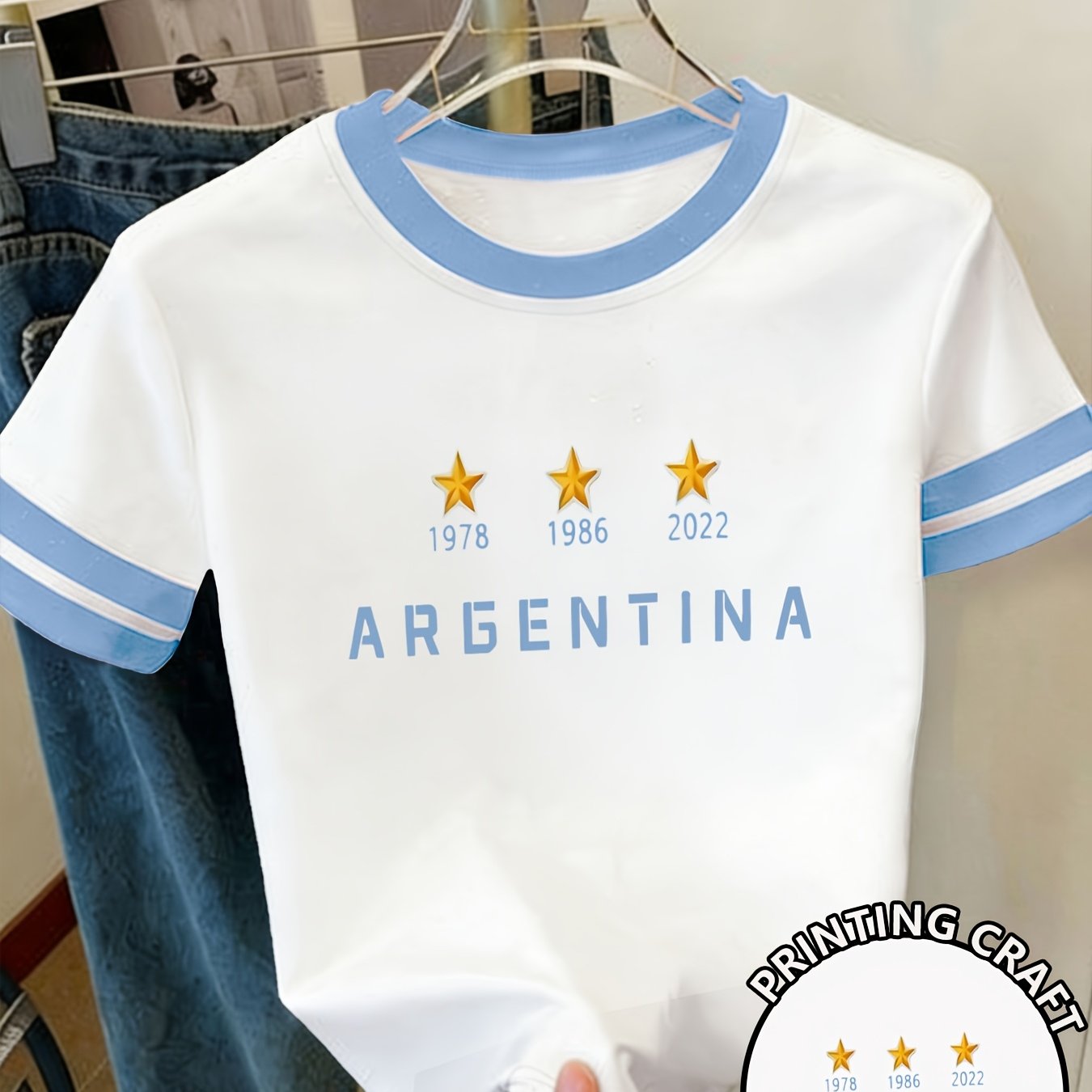 TEMU A Versatile Spring/- Round-neck Short-sleeve T-shirt Featuring A Stylish And Trendy Argentina Print, A Korean-style Age-reducing Color- Casual