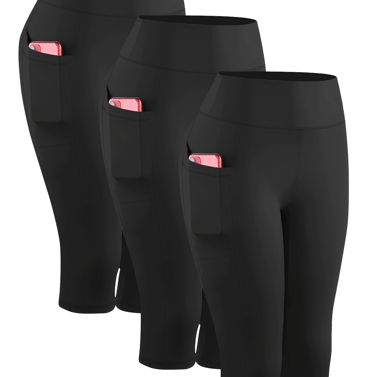 3pcs - High-waist Side Pocket 3/4 Length Yoga Leggings