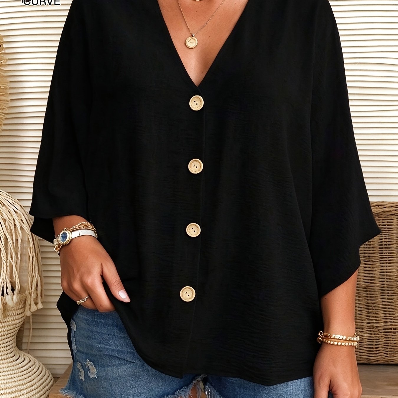Image of Plus Size, Large-size Women' S Casual And Stylish Loose-fitting Elegant Pure-color V-neck Long-sleeved Blouse