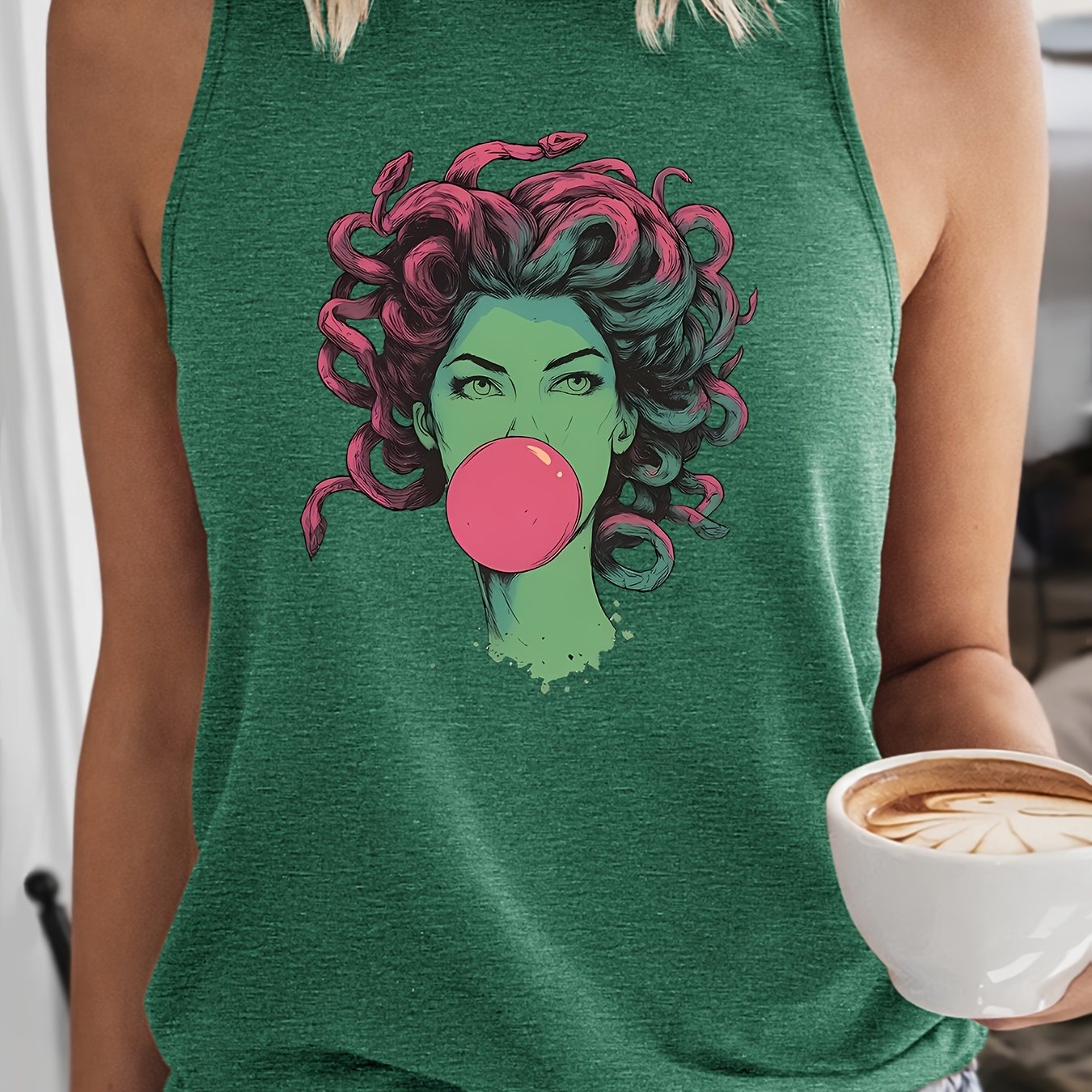 TEMU Bubblegum Medusa Print Tank Top | Vintage Mythical Style Sleeveless Top | Cool Trendy T-shirt | Summer 2026 New Clothing | Elegant Party Vintage