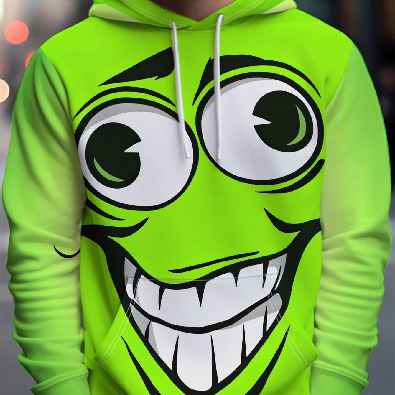 E-shop Herren Hoodie in Neon-Grün & Lime mit übergroßen Augen & lächelndem Gesicht - Lustiger Cartoon-Pullover, maschinenwaschbar, warme