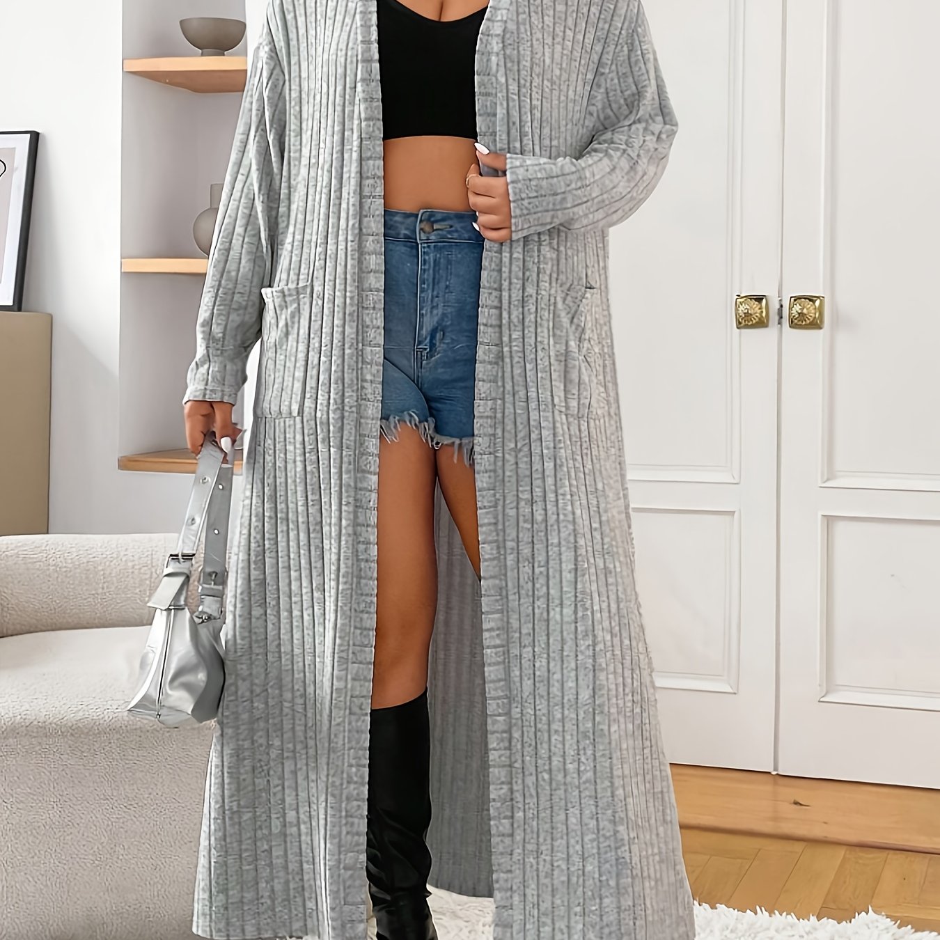 TEMU Plus Size, Plus Size Solid Color Pocket Long Open Front Ribbed Sleeve Women's Fashion Cardigan