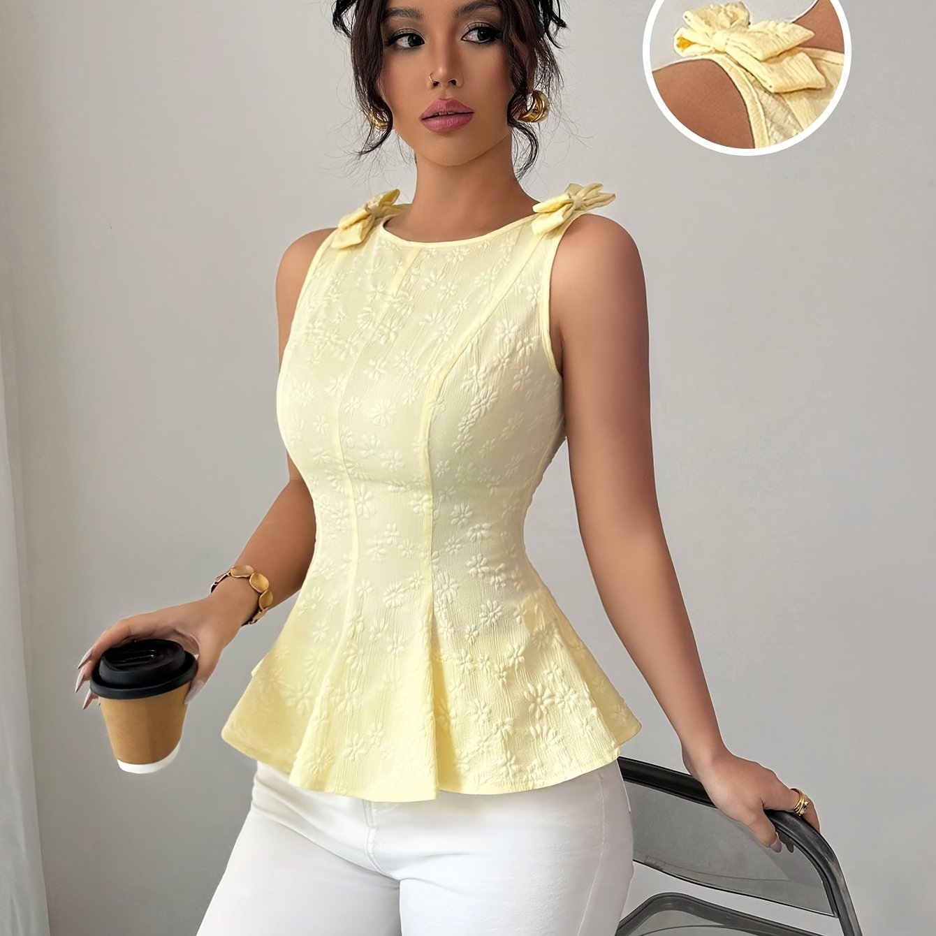 E-shop Neues Blumenmuster Damen Tanktop mit Schleifenbändern, taillierendes Rüschen-Design, elegant vielseitig für lässige Urlaubskleidung