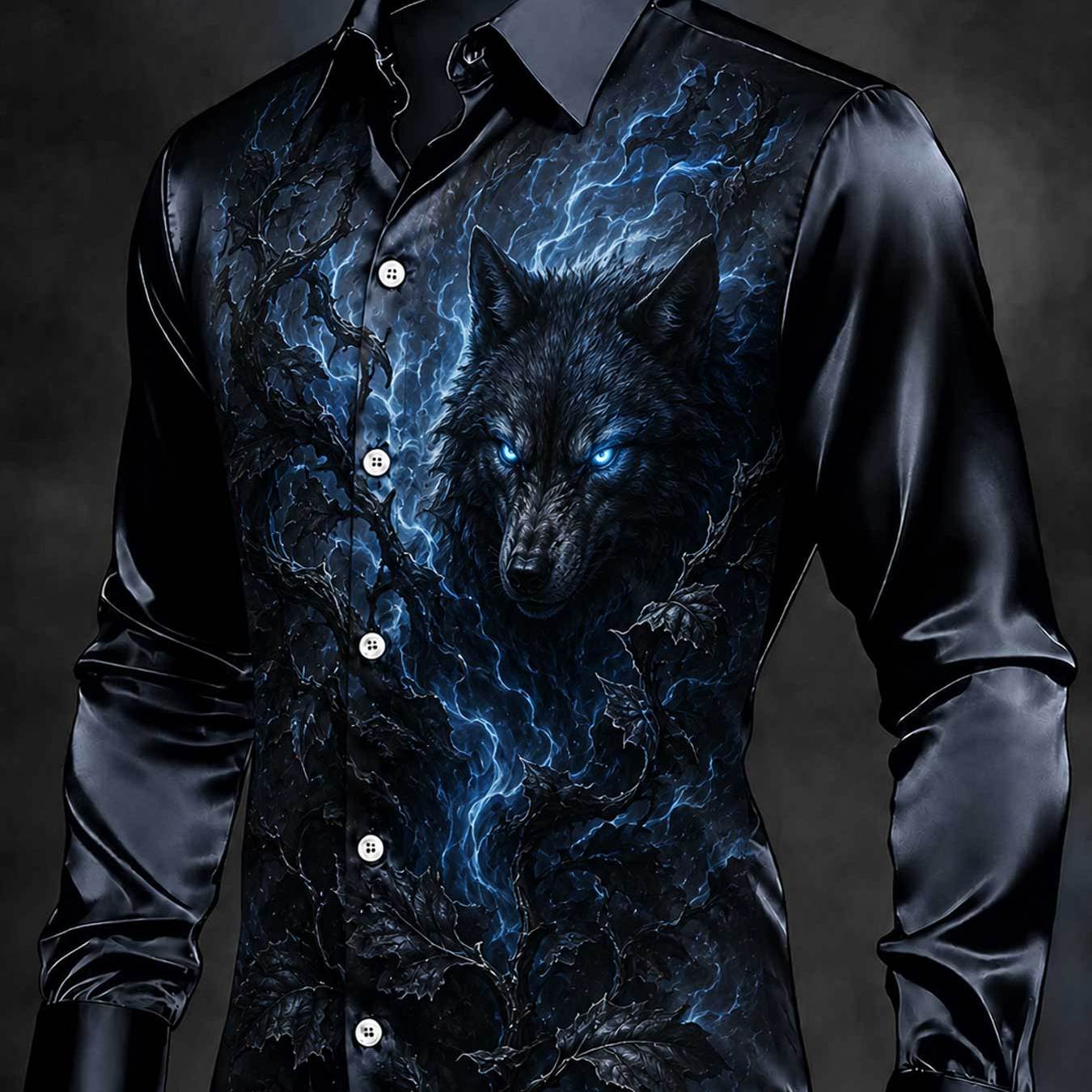 Men's Longsleeve Shirt With A Collar Wolf And Lightning Pattern Style Suitable For Parties And Nightlife Events