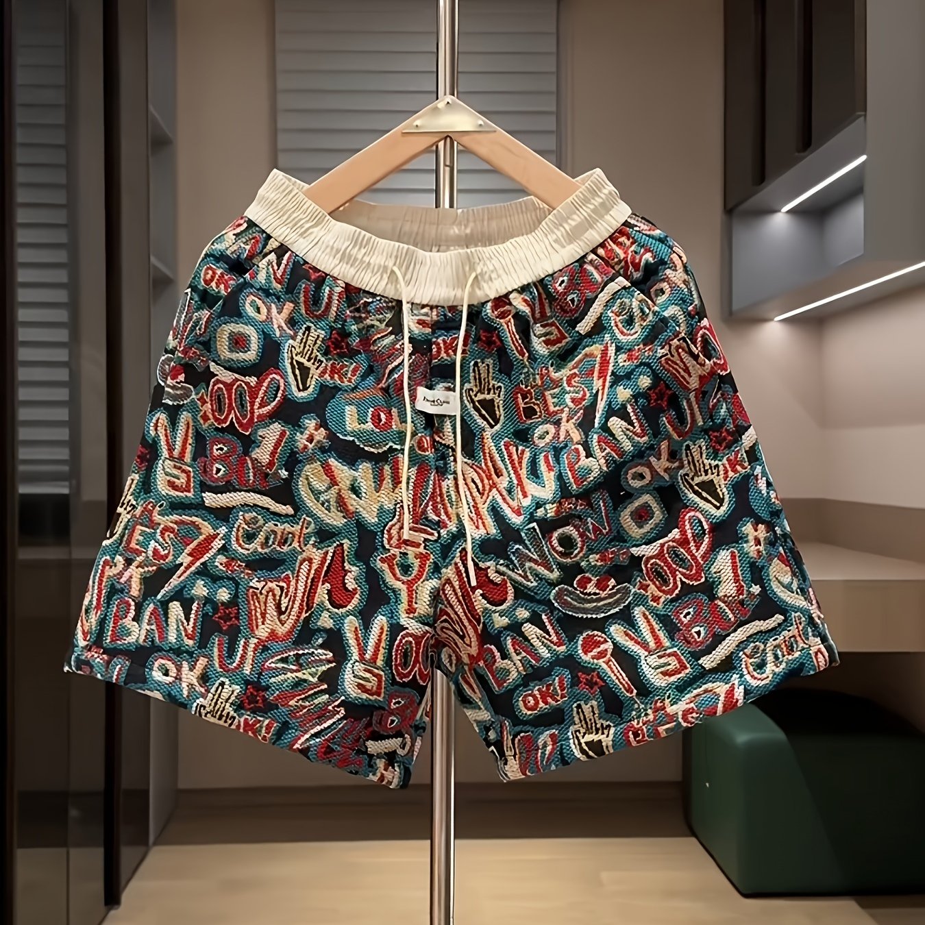 TEMU Party Casual Wear| Men's Summer Fashion Yarn-dyed Jacquard Letter Graffiti Shorts - Vibrant, Casual, Polyester Beachwear With Elastic Waistband, Parties & Beach