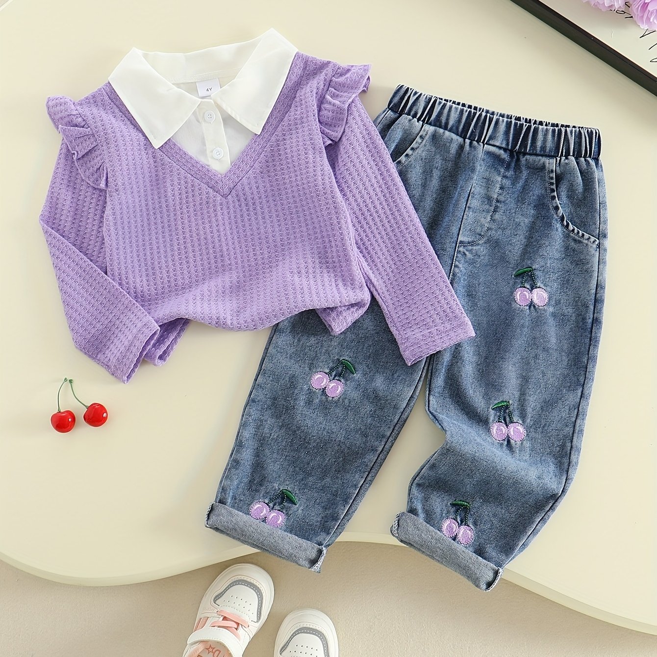 Image of Girls' Stylish Set With Textured Lapel Top, Waffle Solid Color 2-in-1 Look Shirt + Cherry Jeans Set, Perfect For Outdoor
