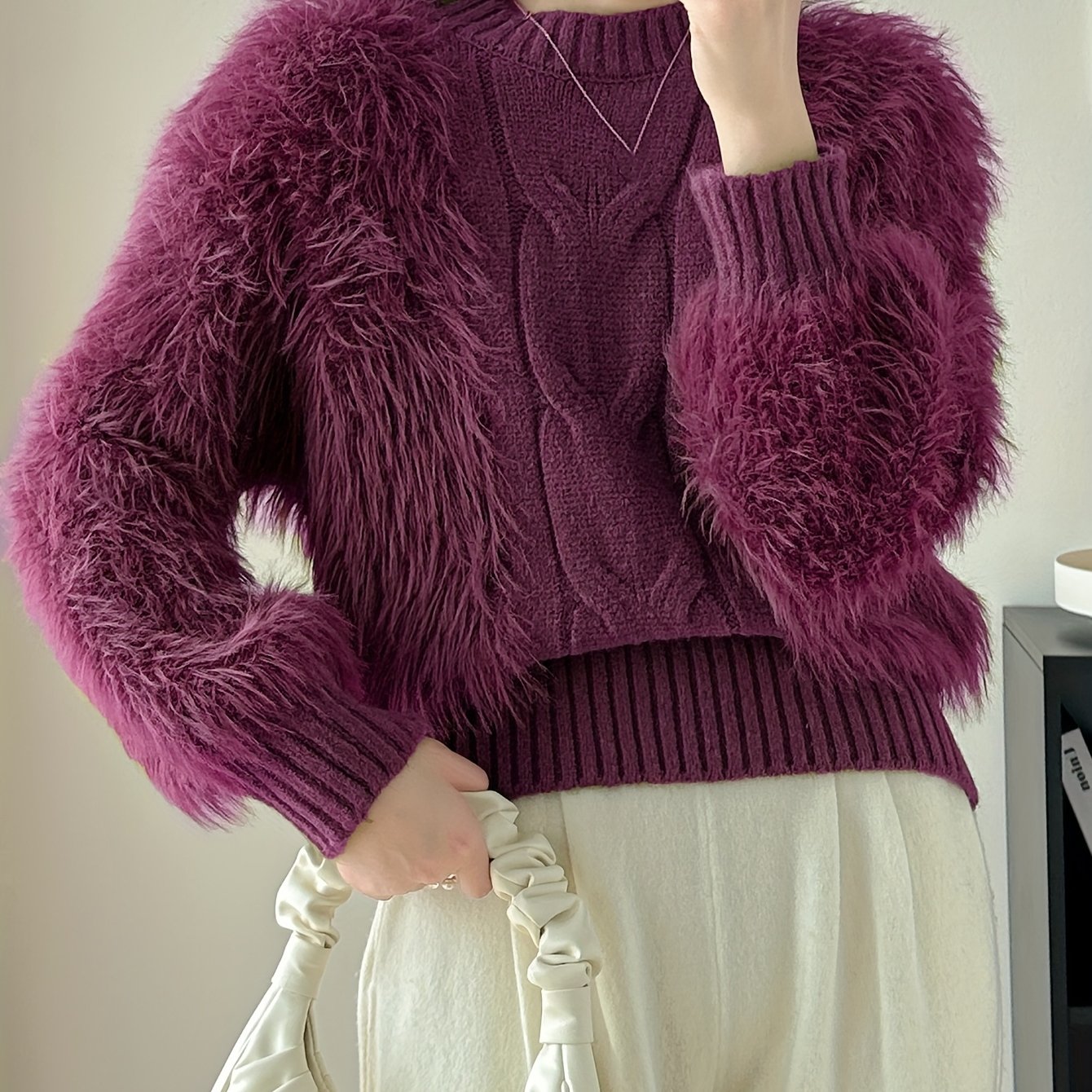 TEMU Fashionable /fall Stand Collar Fuzzy Long-sleeve Sweater