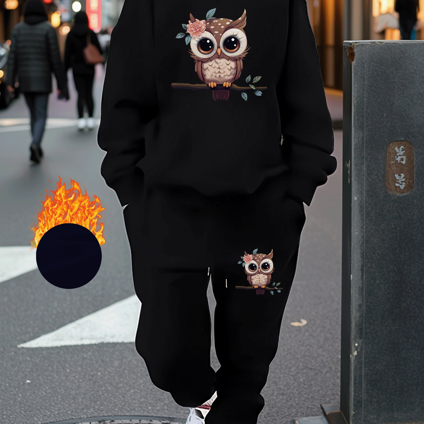TEMU Plus Size, Plus Size Women's Autumn/winter Fleece-lined Fashionable Cute Owl With Double-sided Pockets, Comfortable Versatile Casual Round Neck