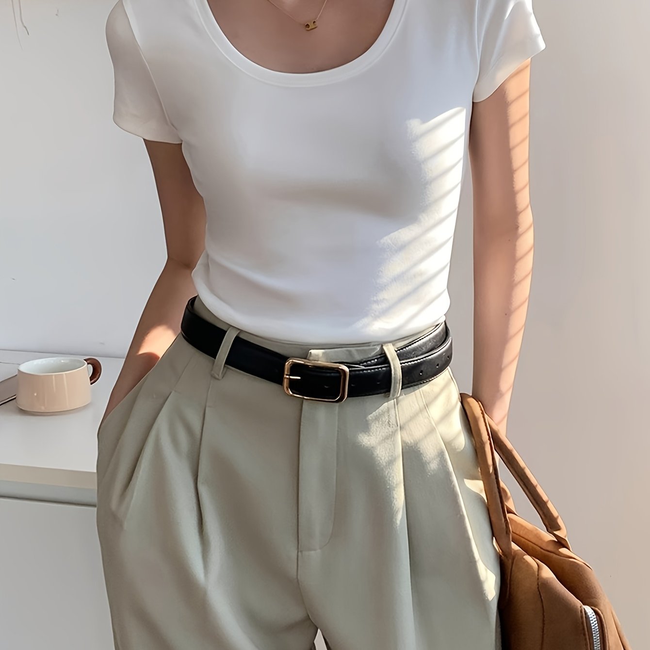 Image of Stylish Short-sleeve T-shirt For Women, 92% High Elasticity Top, College Style Summer Tee #277