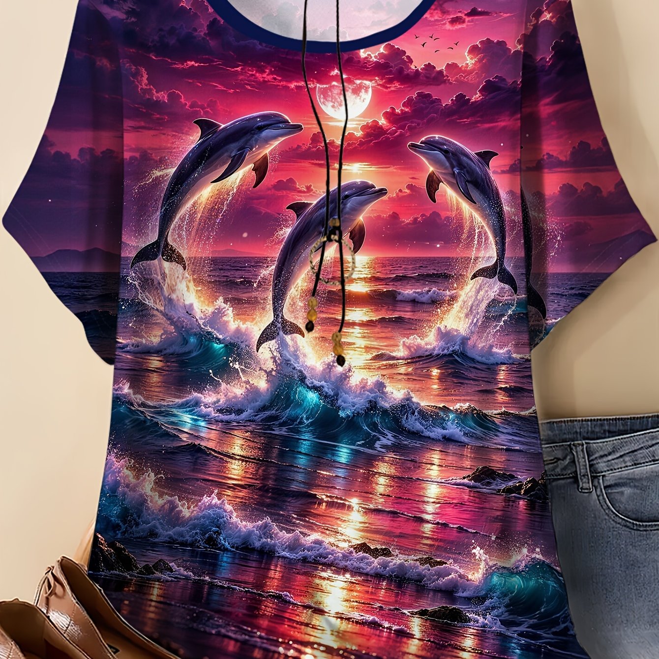 TEMU Plus Size, Summer Round-neck Short-sleeve Top With A Print Of 3 Leaping The Sea