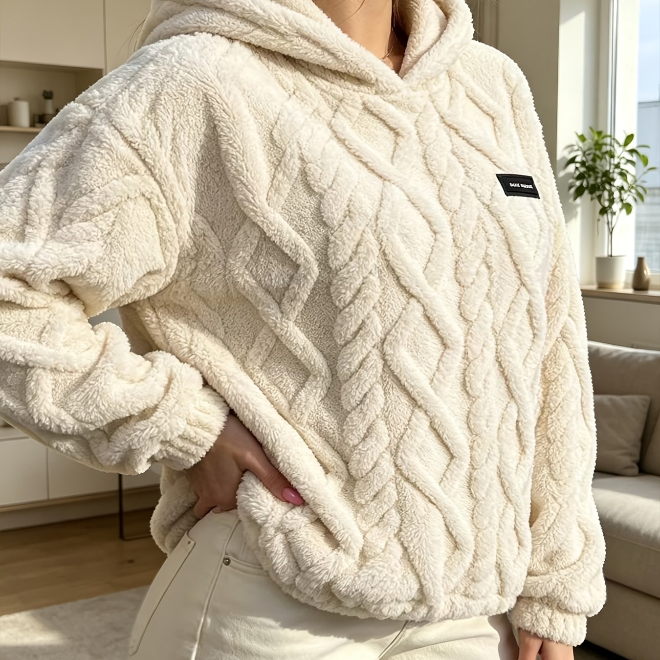 TEMU Sweat à capuche pour femme en laine d' douce et moelleuse, texture jacquard, pull à capuche épais et chaud à manches longues, confortable et