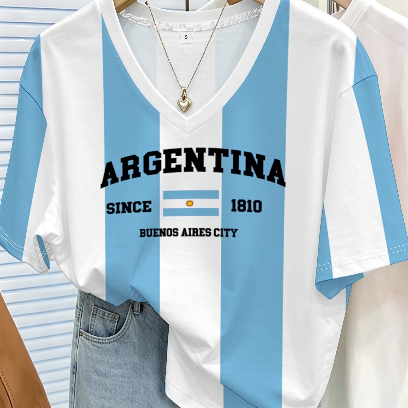 TEMU Argentina Style Striped Printed Short Sleeve T-shirt Women's Loose V-neck Casual All-matching Tops Summer Trendy Couple's Breathable Comfortable