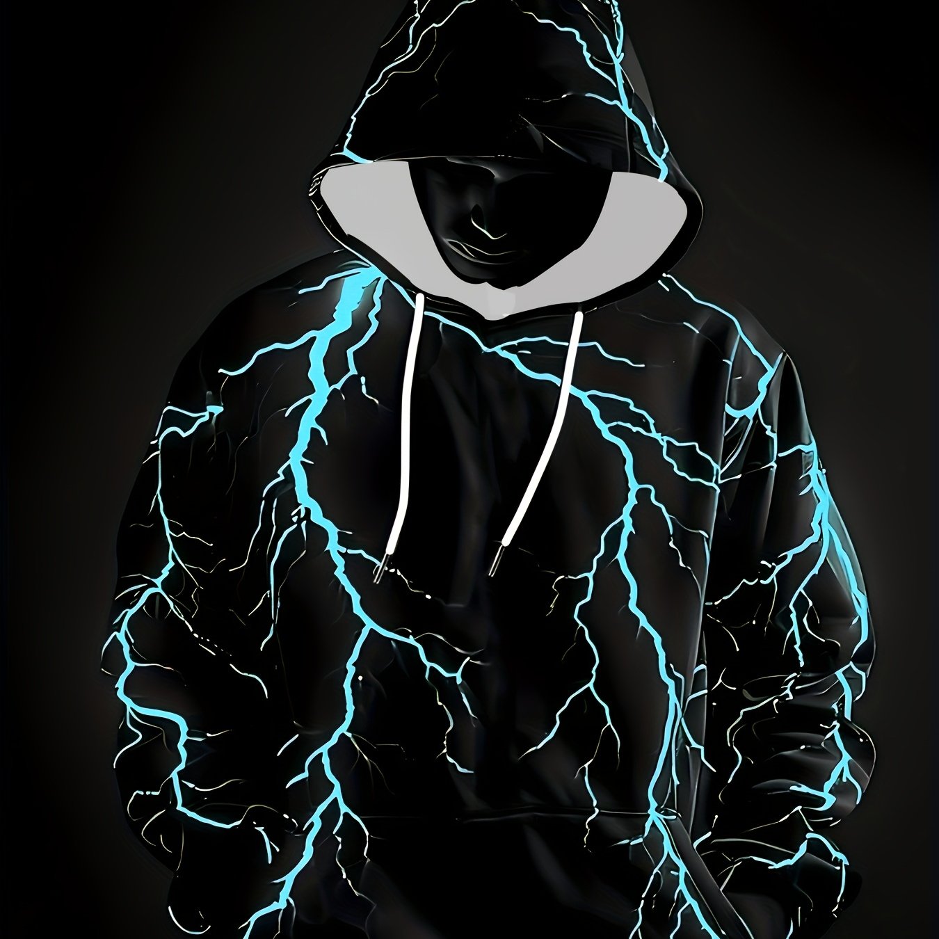 TEMU Men's Novelty Fashion Casual Long-sleeve Hoodie With Lightning Print, Outdoor Hooded Sweatshirt With Drawstring And Kangaroo Pocket, Long