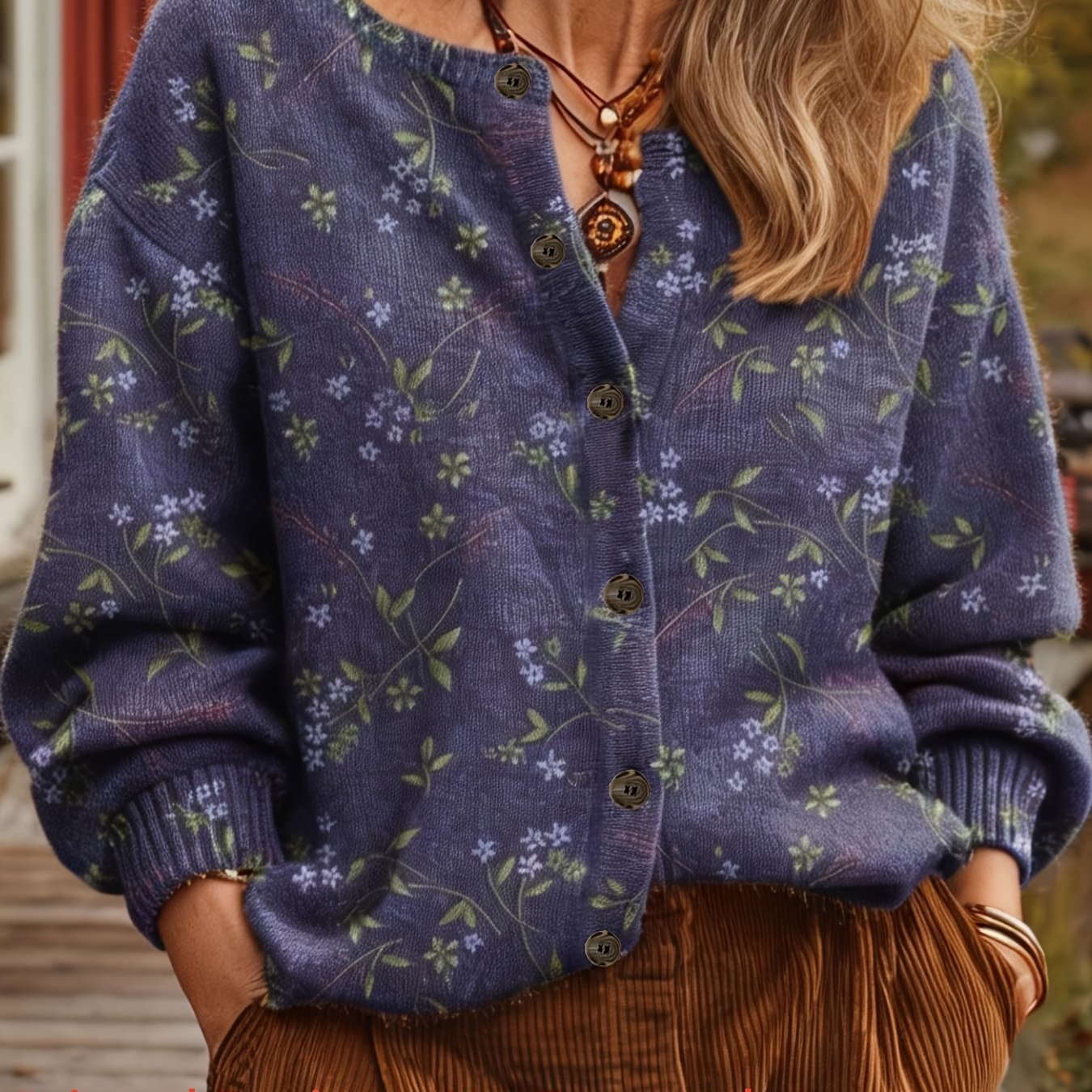 TEMU Printed Design - Not Textured Spring Fashion Neck Cardigan Women's Top Floral Pattern Trendy Women's Lightweight Sweater Jacket