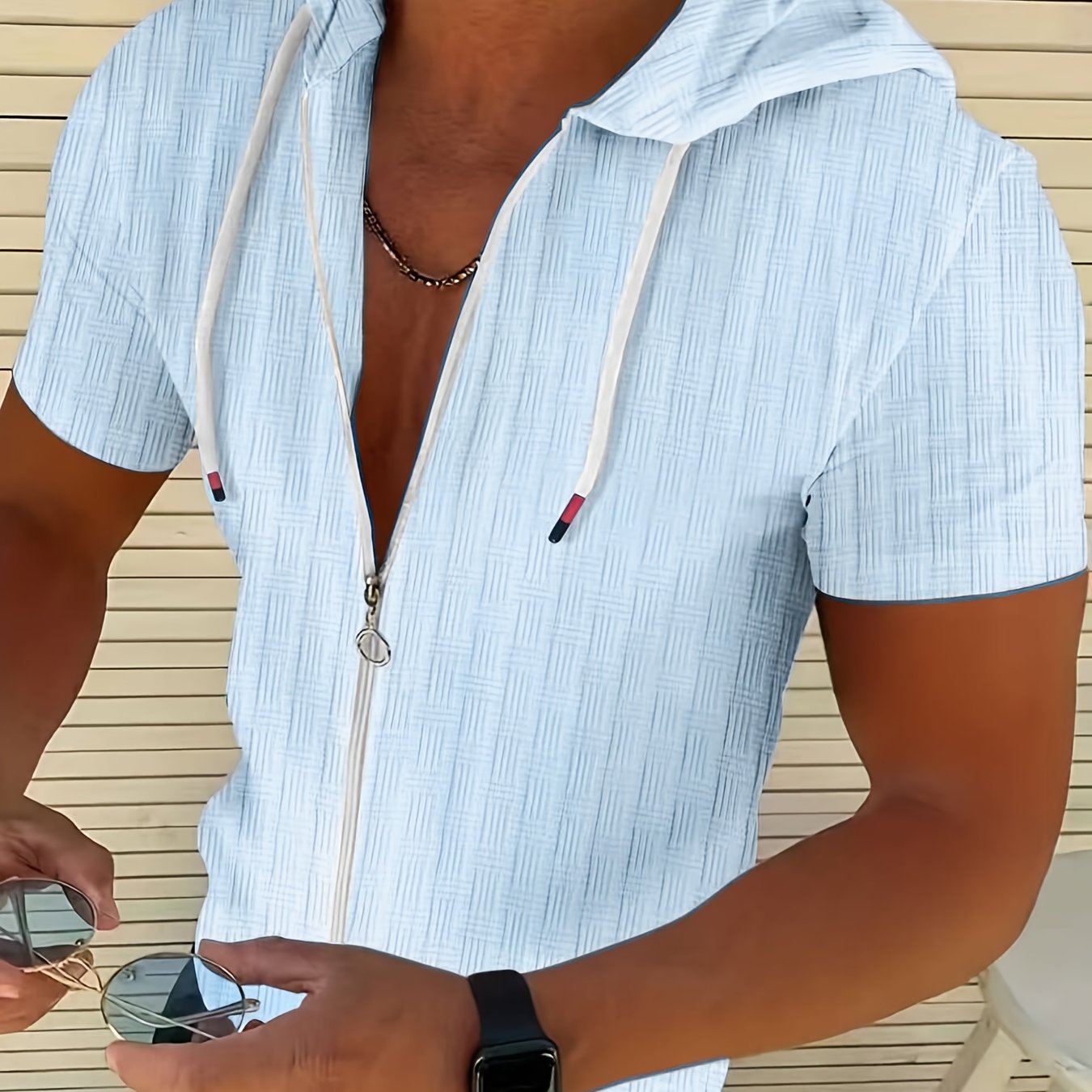 Image of Summer Men's Jacquard Striped Fashion Zip-up Hooded Sweatshirt Short Sleeve Casual Beach Sports Top
