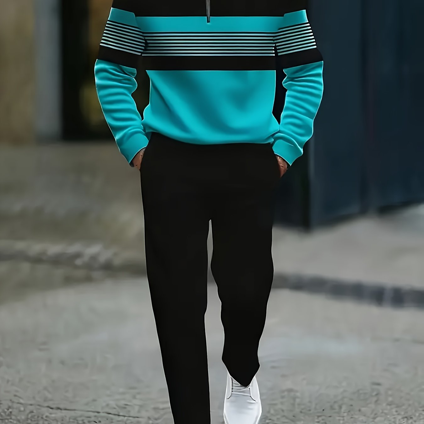 TEMU Men's Casual Sports Suit In And Lake For Autumn 2025, Featuring A Trendy Half-zip Small Collar Long Sleeve Top And Comfortable Trousers, Perfect