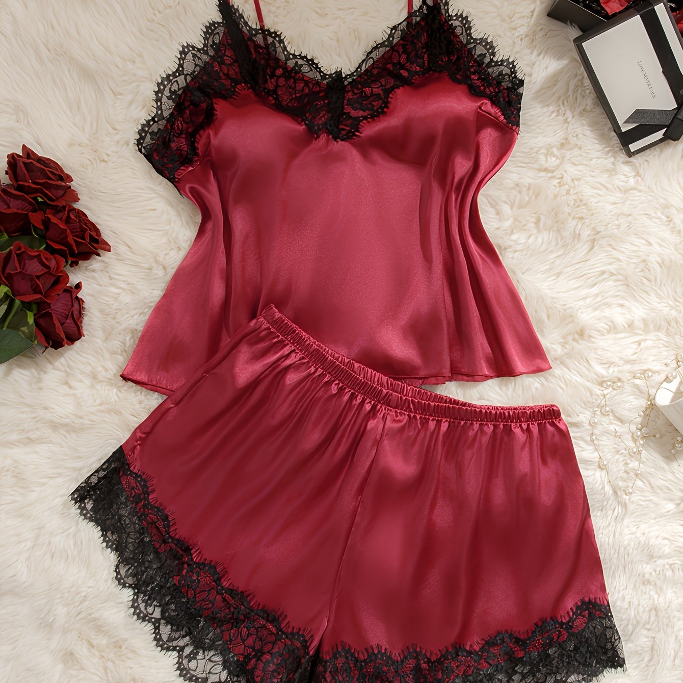 Plus Size Women's Pajama Set With Slip Dress, Shorts, Eyelash Lace , Solid Color