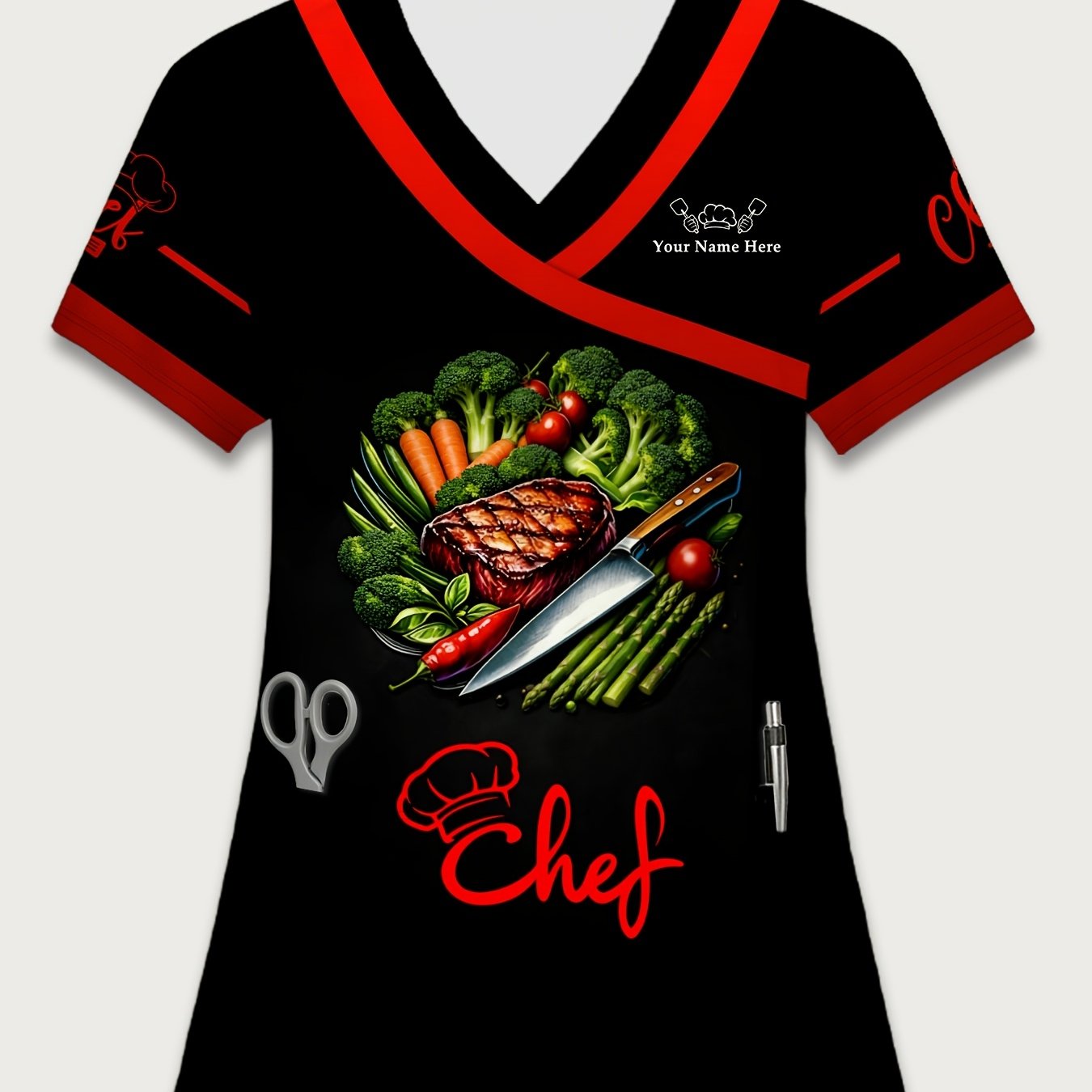 TEMU [customization] Women's Personalized Name Customization, 1pc Women's Blouse Work Uniform, Steak Vegetable Kitchen Utensil Print Pattern, V-neck