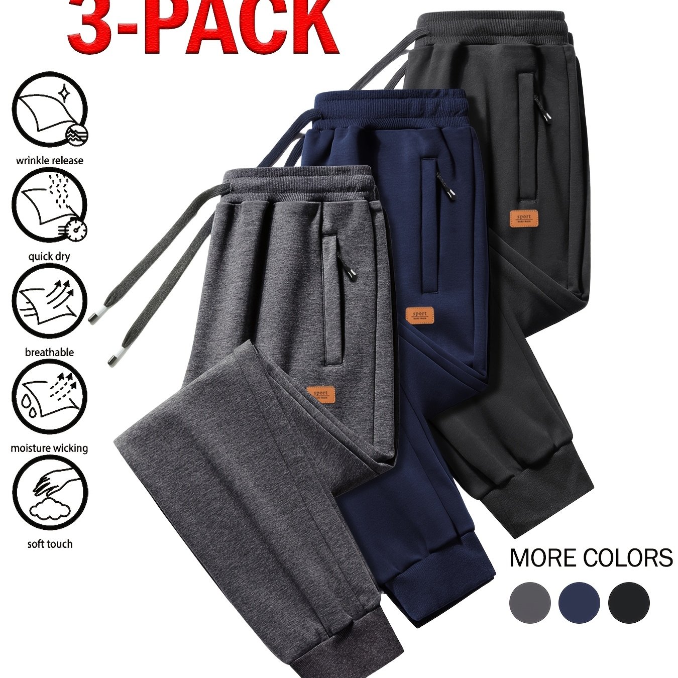 TEMU 3pcs Men's Jogger Pants, Soft Casual Sweatpants With Elastic Cuffs And Zipper Pockets, Lightweight Athletic Pants For Fitness, Running, And