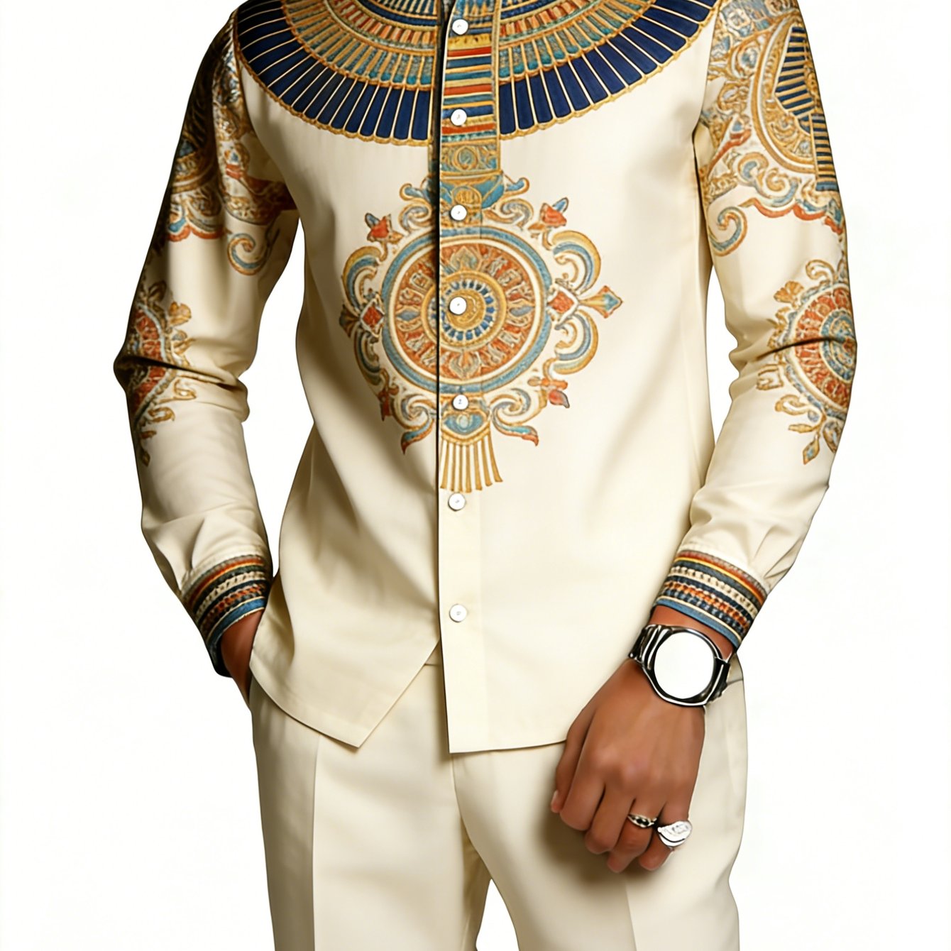Image of 2pcs Men's Set With Stand Collar - /geometric Pattern Long-sleeve Set | Formal/casual Traditional Clothing, Men's Casual Set, For Men