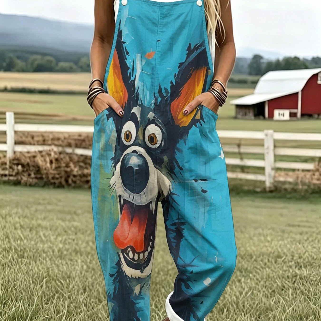 TEMU Women's Full-body Cartoon Dog Overalls - Sleeveless Button-front Pants With Pockets, Loose Fit Design, Machine Washable Suitable For Vacation,