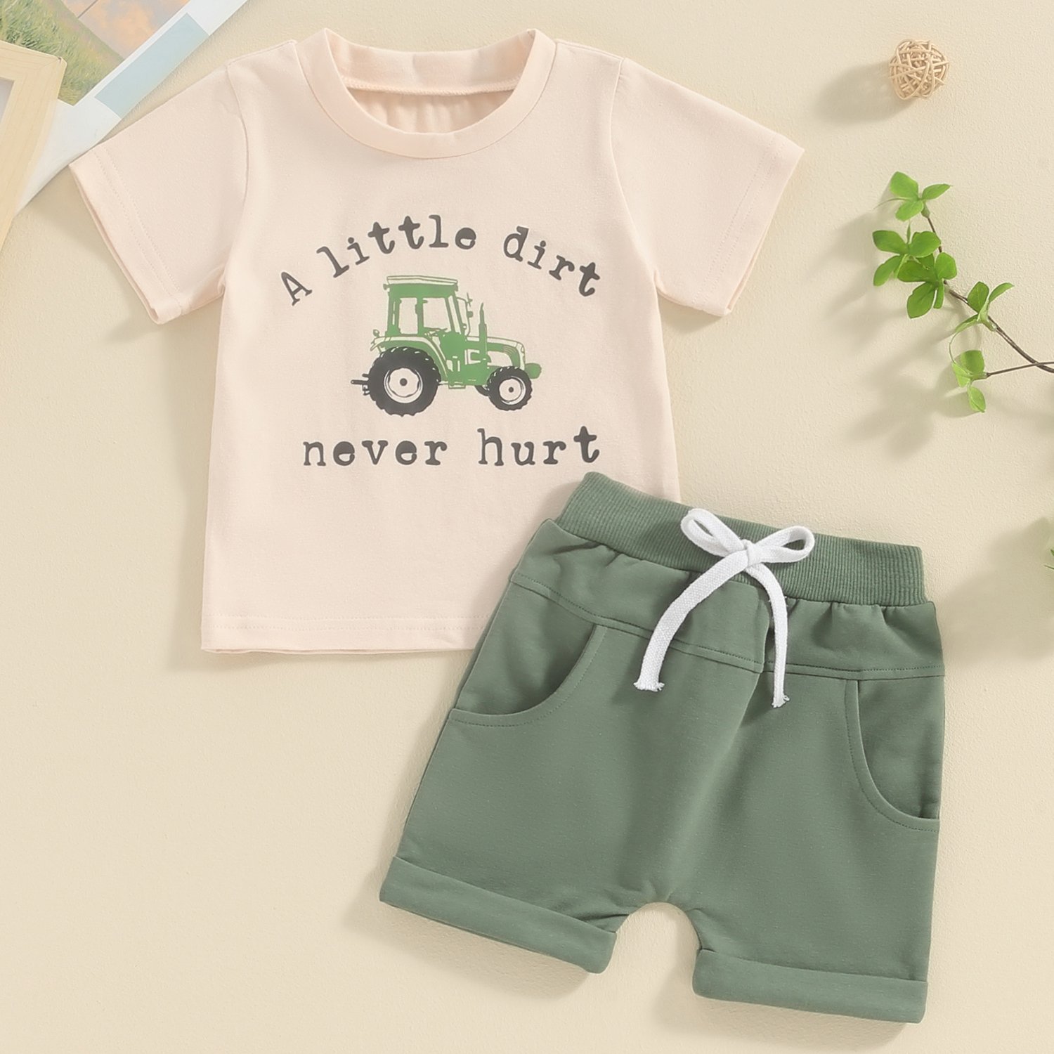 TEMU Toddler Baby Boy Summer Outfits Letter Tractor Print Short Sleeve Round Neck T-shirt With Solid Shorts 2pcs Casual Outfit