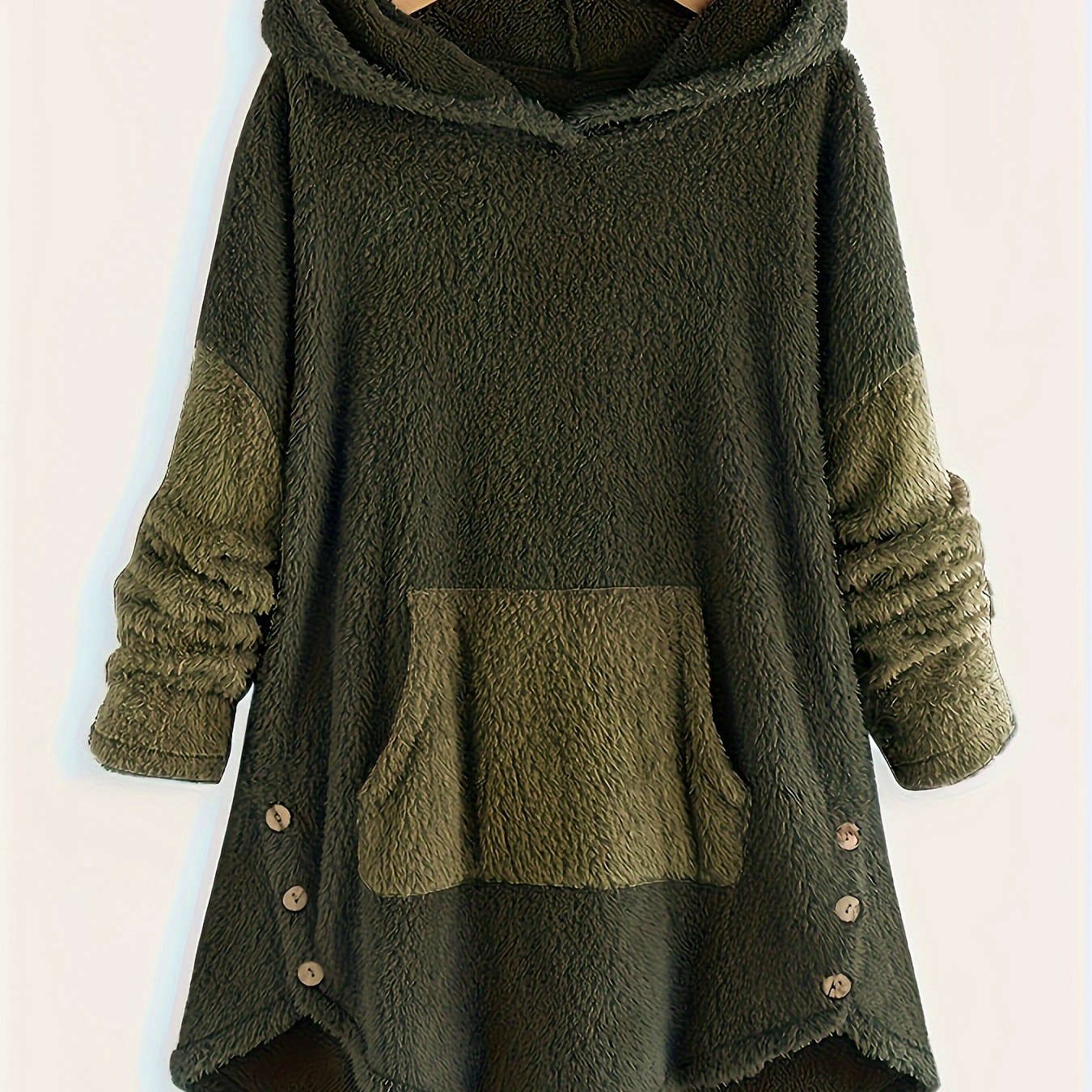 Fashion Hooded Long Sleeve Women's Clothing, Women's Autumn Winter Color Block Plush Loose Button Casual Top
