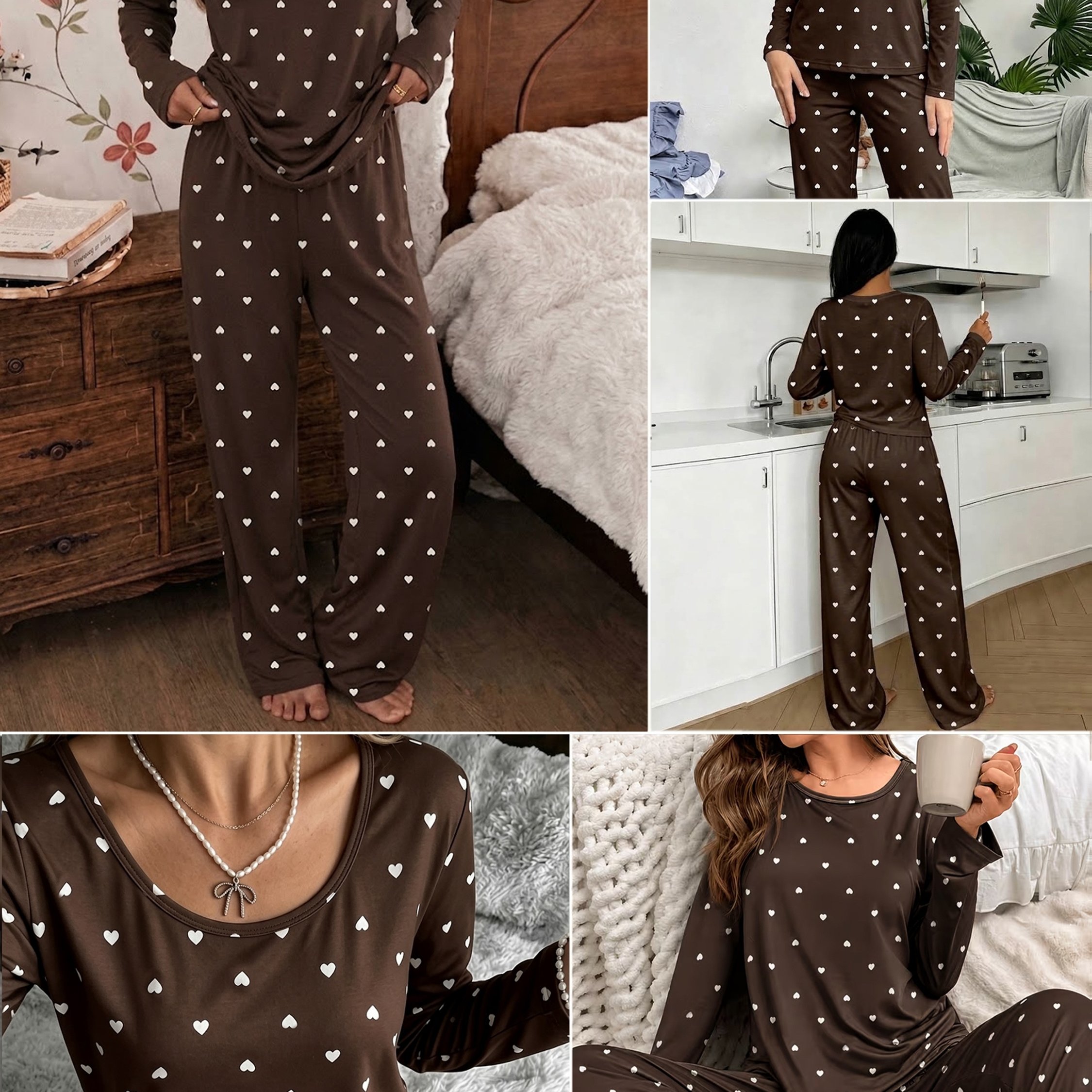 TEMU A Comfortable And Casual Pajama Set Featuring A Round Neck, Long Sleeves, And Heart-embellished Prints. A 2pcs Long-pants Pajama Set For Autumn