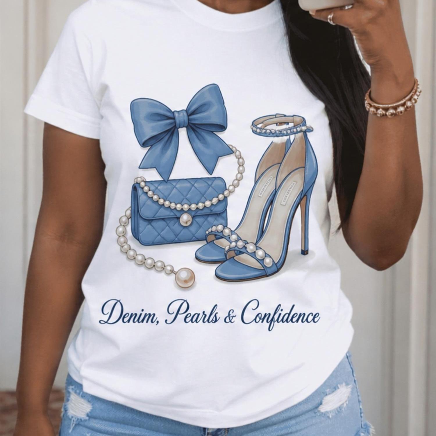 Image of Denim, Pearls & Women's Casual Printed Round Neck T-shirt, Suitable For , , , Women's Autumn Clothing, Anniversary Celebration, Day, 250th Anniversary, Festival