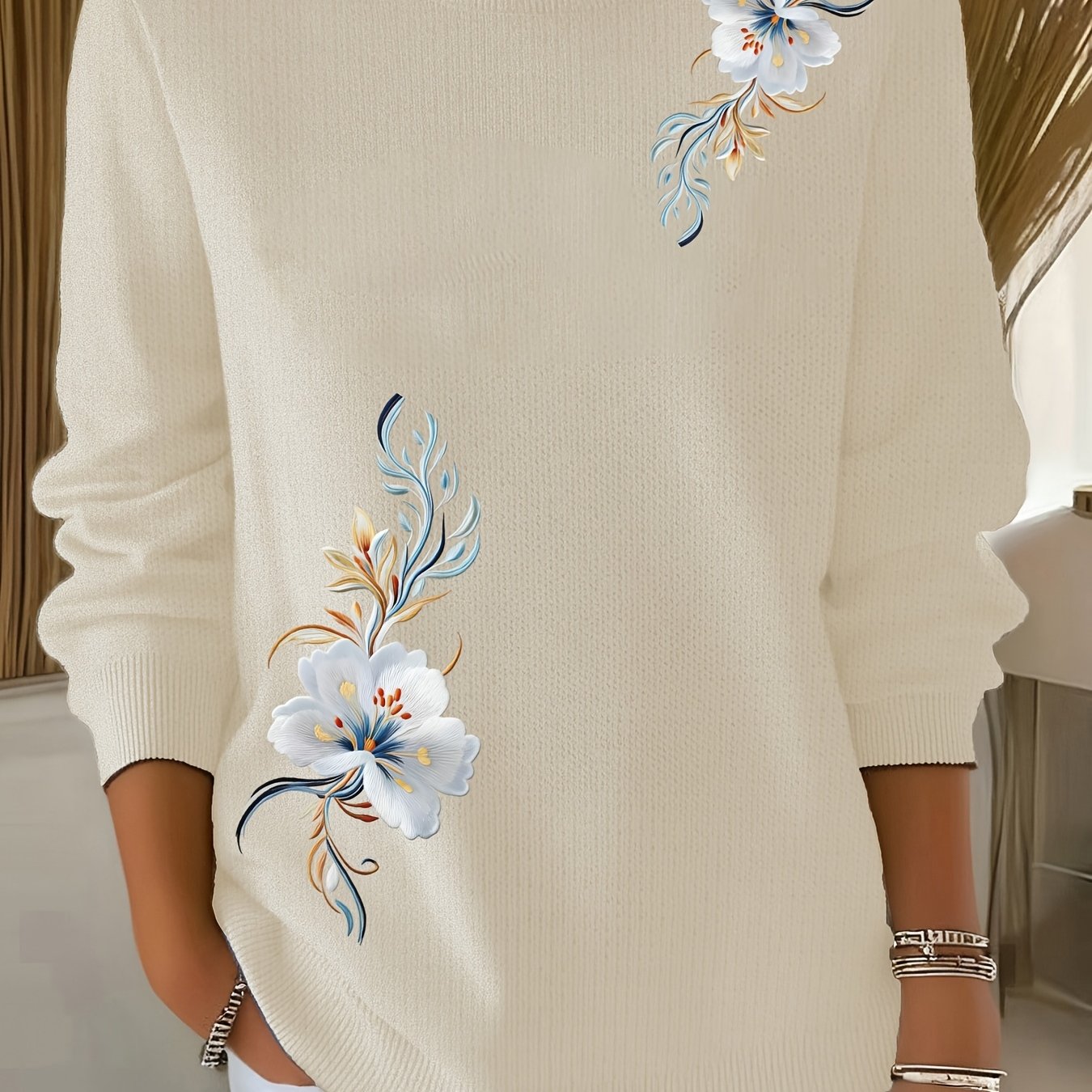 TEMU 2d Printed Embroidery-like Women's Commuter Versatile Fine Sweater, Comfortable Fabric, Long Sleeve Sweater With "flower Embroidery" Pattern