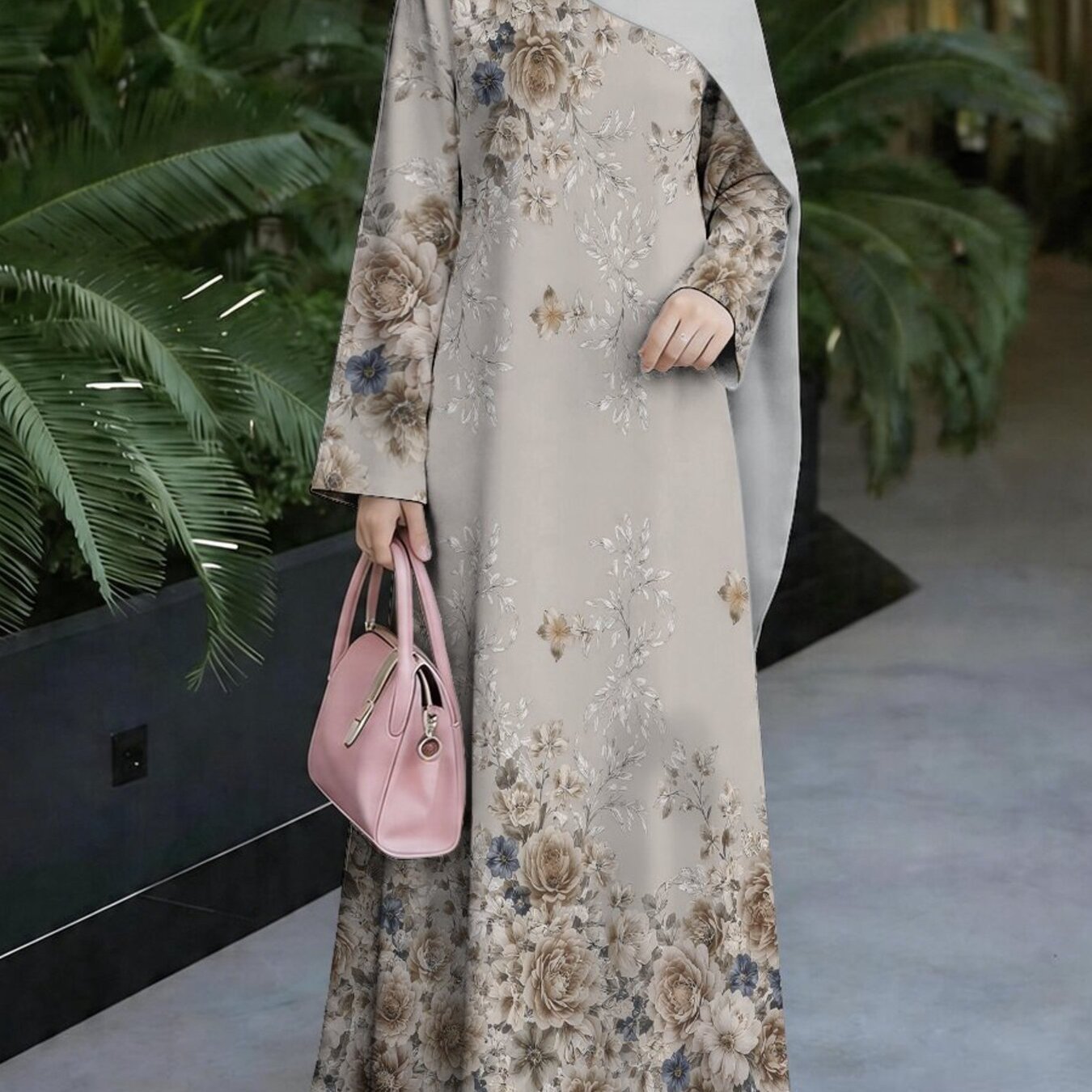 TEMU Women's Dress, Light Gray Base Vintage Leaf Print Loose Long Sleeve Maxi Dress, 2026 , Robe Style, Suitable For Malaysian Women, Comfortable And