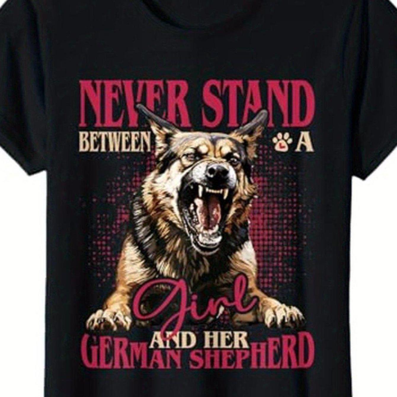 TEMU Women's - Funny German Shepherd Lover Gift - Red Text & Aggressive Dog Graphic - Soft Everyday Tee For Dog Moms - Machine Washable Casual Shirt