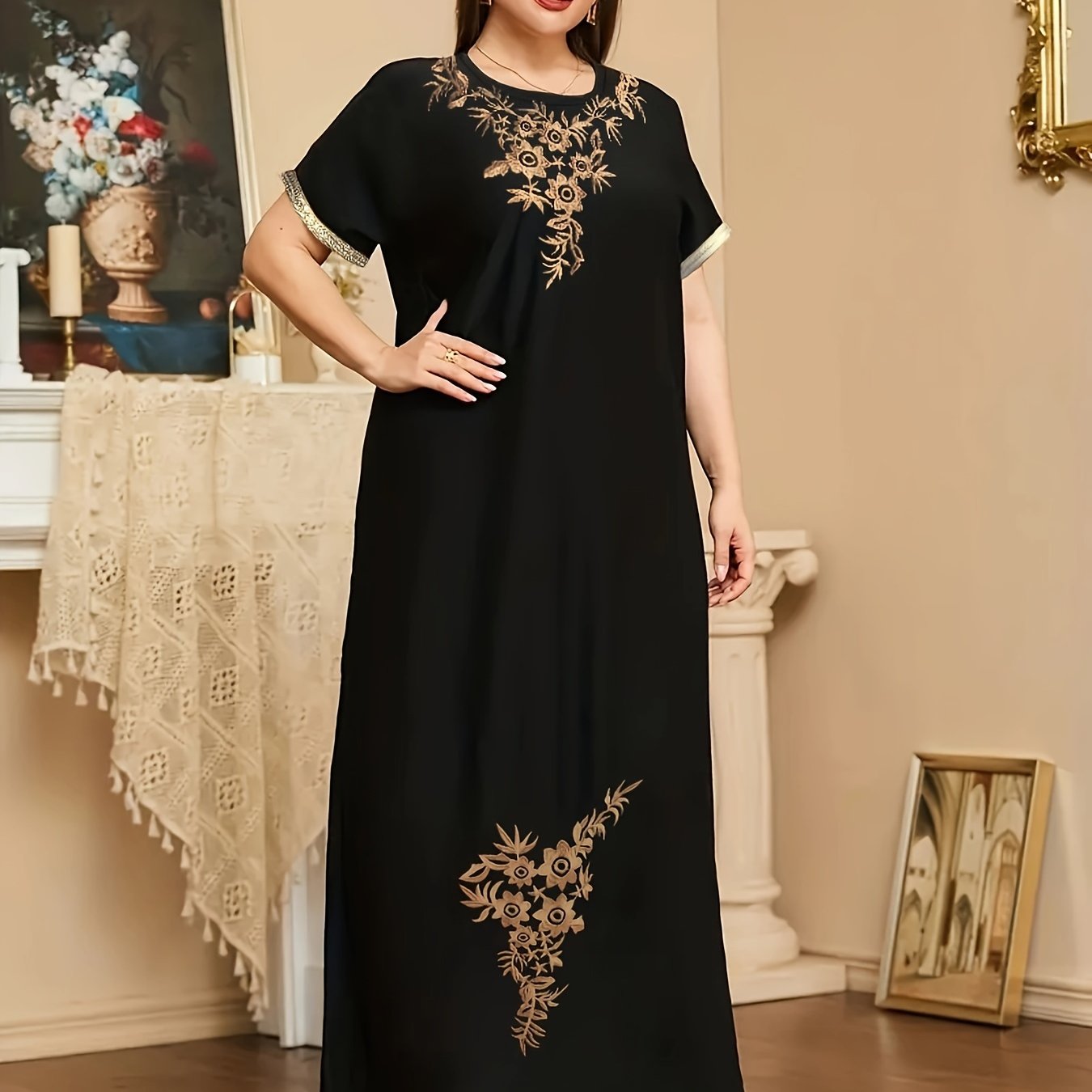 Image of Spring Summer Round Neck Intricate Embroidery Ribbon Middle Eastern Women's Casual Vacation Home Robe