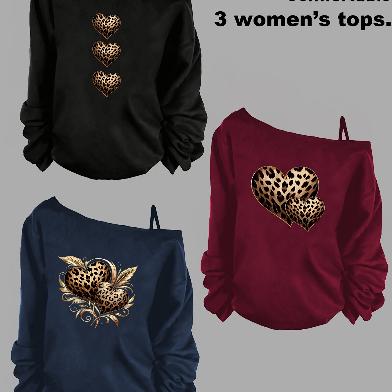 TEMU Women's Fashion 3pcs Set, Sexy Off-shoulder Loose T-shirts - Soft Diagonal Neckline Casual Top, Fashionable Comfortable Long Sleeve - Retro