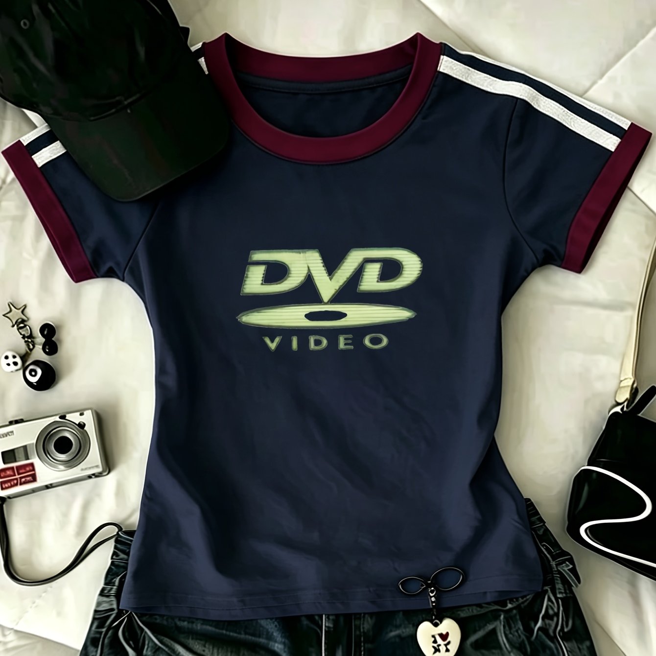 TEMU Y2k Retro Dvd Vhs Pattern Print New Off-shoulder Round Neck Contrast Slim Fit Spring Summer , Fall Winter Layering Jacket, Versatile Non-pick