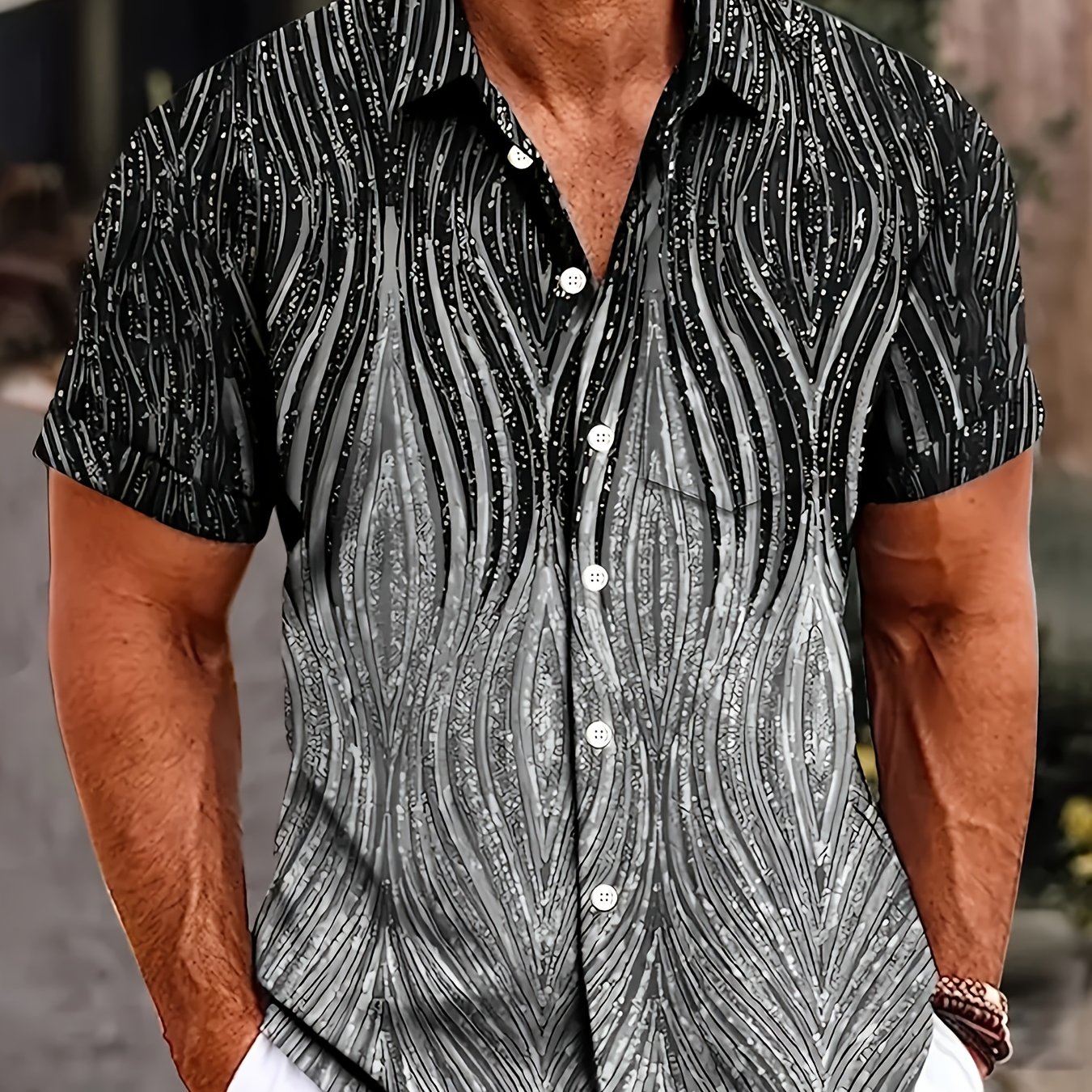Men's Retro Gradient Pattern Short-sleeve Shirt Featuring A, Made Of 100% Polyester, Designed For A Regular Fit, With A Single-breasted Style And Lapel Collar, Perfect For Casual Summer