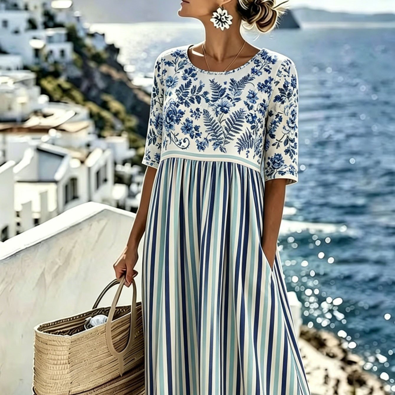Image of Plus Size - Women's Dress, Boho Spliced Midi Dress, Round Neck Half Sleeve Flowy Swing Dress, Mixed Floral And Vertical Stripe Print Vacation Outfit For Mediterranean And Daily Outdoor Walking
