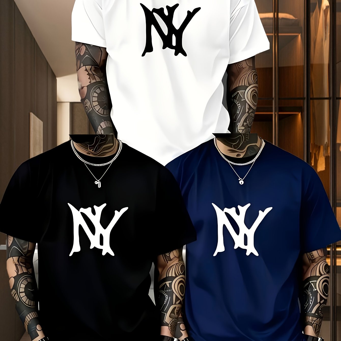TEMU 3pcs Men's Breathable Moisture-wicking T-shirts With N Print, Short Sleeve Round Neck Casual Summer Tees Suitable For Outdoor & Casual Attire -
