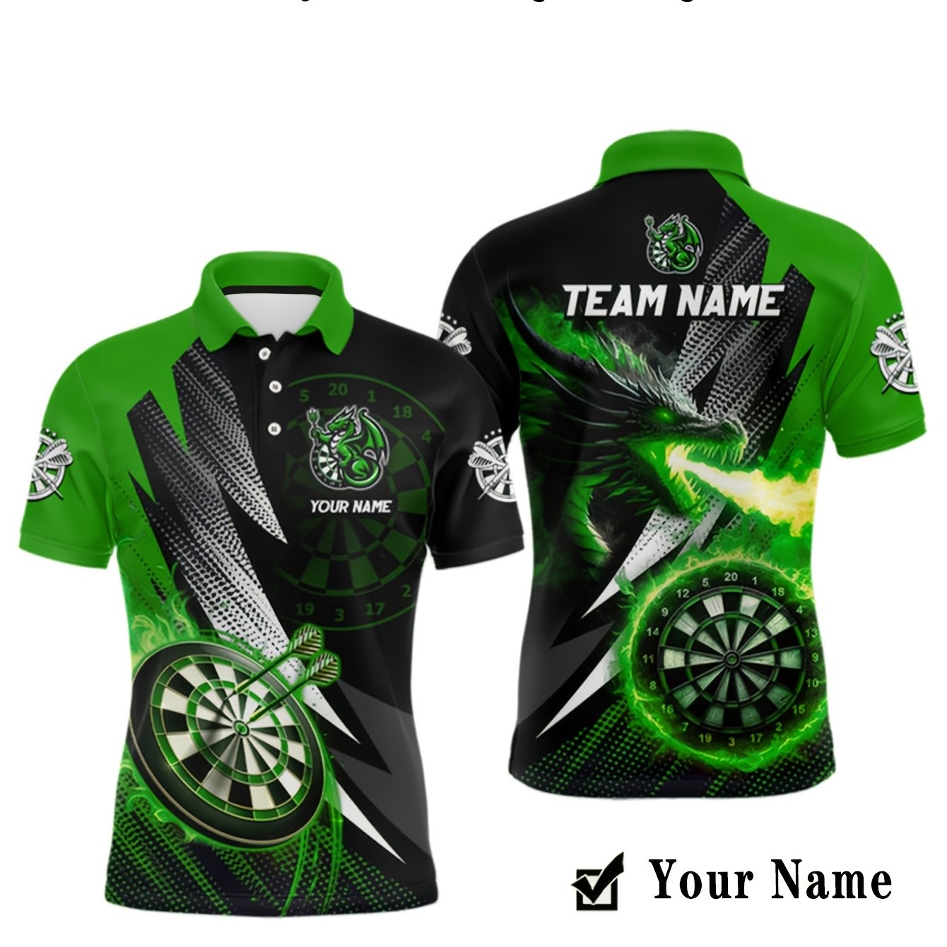 E-shop Personalisierte Dart Team Polo Shirts mit individuellen Namen und Teamnamen, mit einem grünen Design, speziell für Dart-Enthusiasten entwickelt