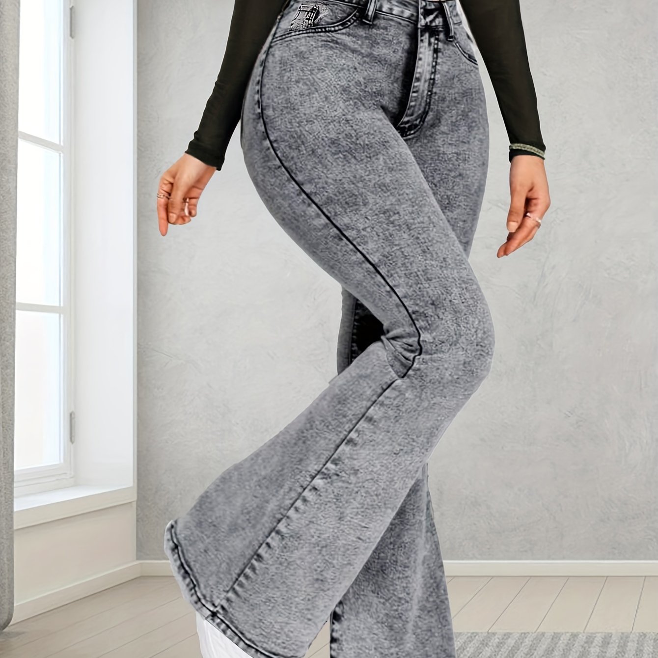 Image of Women's High-waist Stretch Slim-fit Gray Snowflake Denim Flare Jeans - Casual Bell Bottoms With Slant Pockets, Machine Washable, Stylish Snowflake Jeans|bellbottom Silhouette|faded Texture Denim