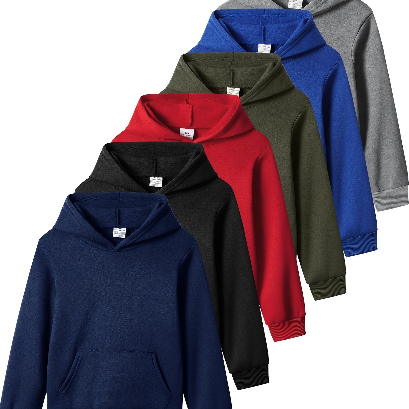 6pcs Boys' Hooded Sweatshirt & Pullover Set - Spring/fall Casual Long Sleeve Hoodies With Pockets, Regular Fit, Solid Color, Regular Length, Clothing, Apparel, Classic Hoodie, Durable Fabric